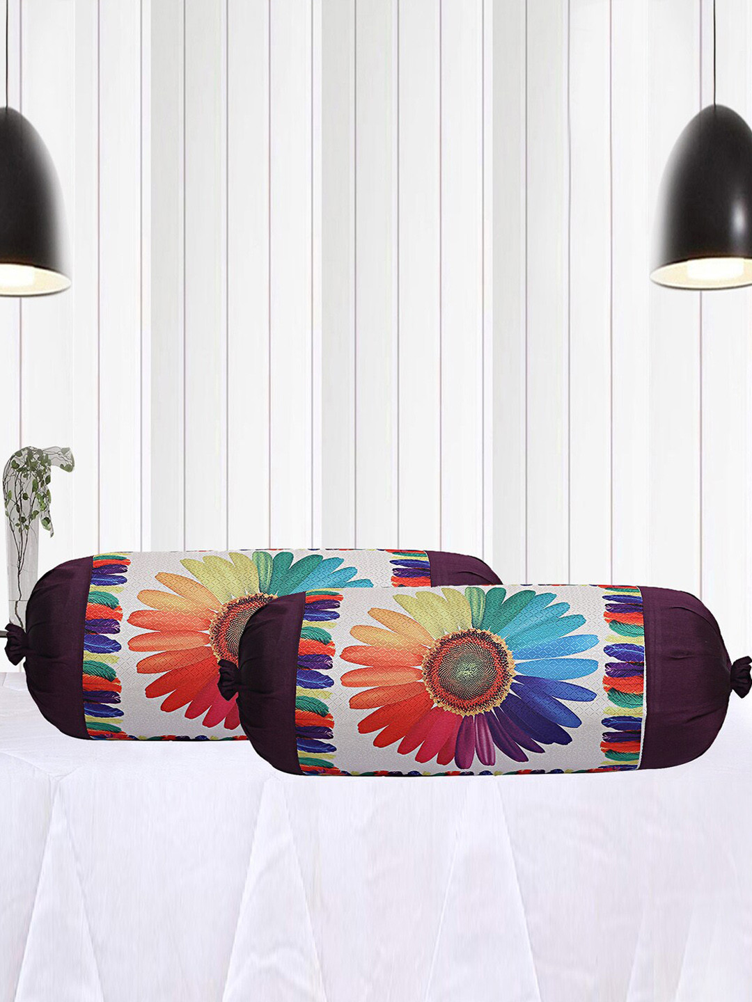 Kuber Industries Cream & Marron 6-Pcs Sun Flower Printed Bolster Covers