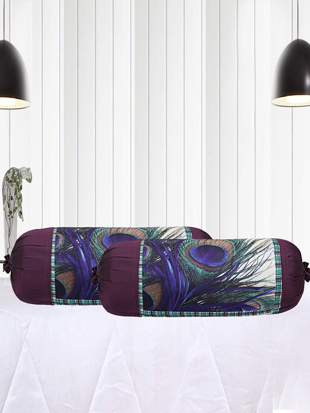 Kuber Industries Purple & Blue 6 Pieces Peacock Feather Printed Cotton Bolster Covers