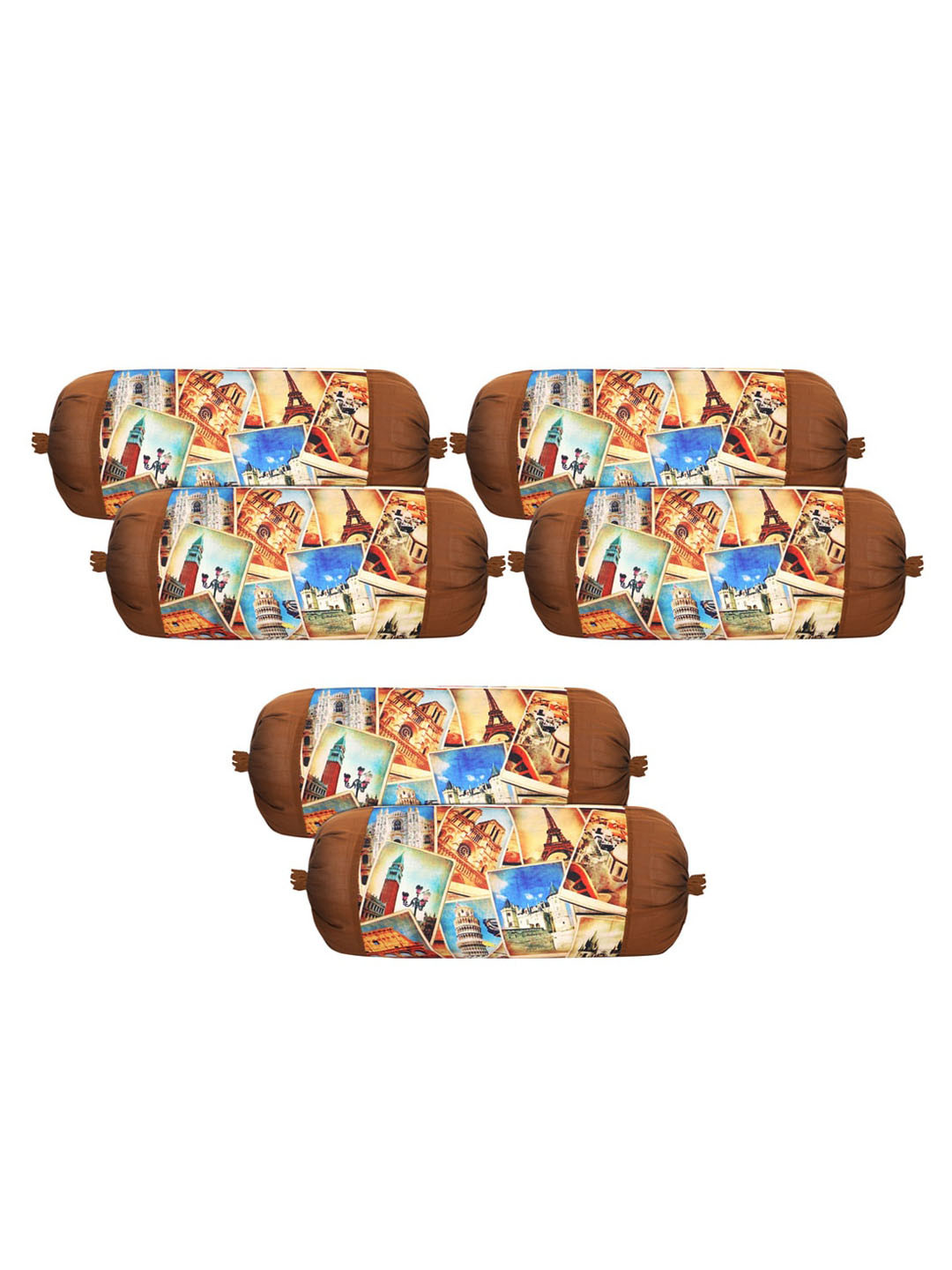 Kuber Industries Cream & Brown 6 Pcs Tourist Places Printed Cotton Bolster Covers