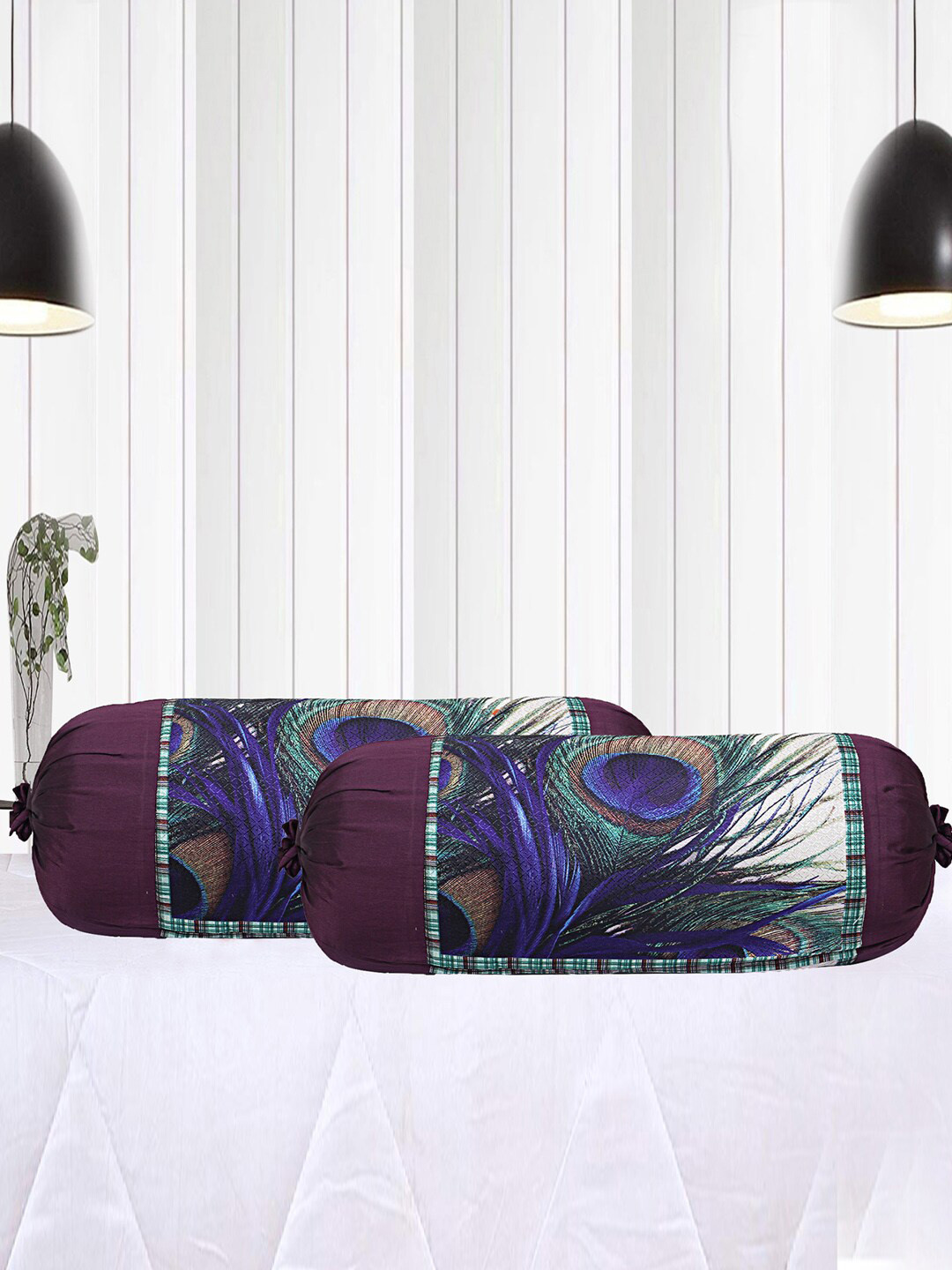 Kuber Industries Cream & Maroon 2 Pieces Peacock Feather Printed Cotton Bolster Covers