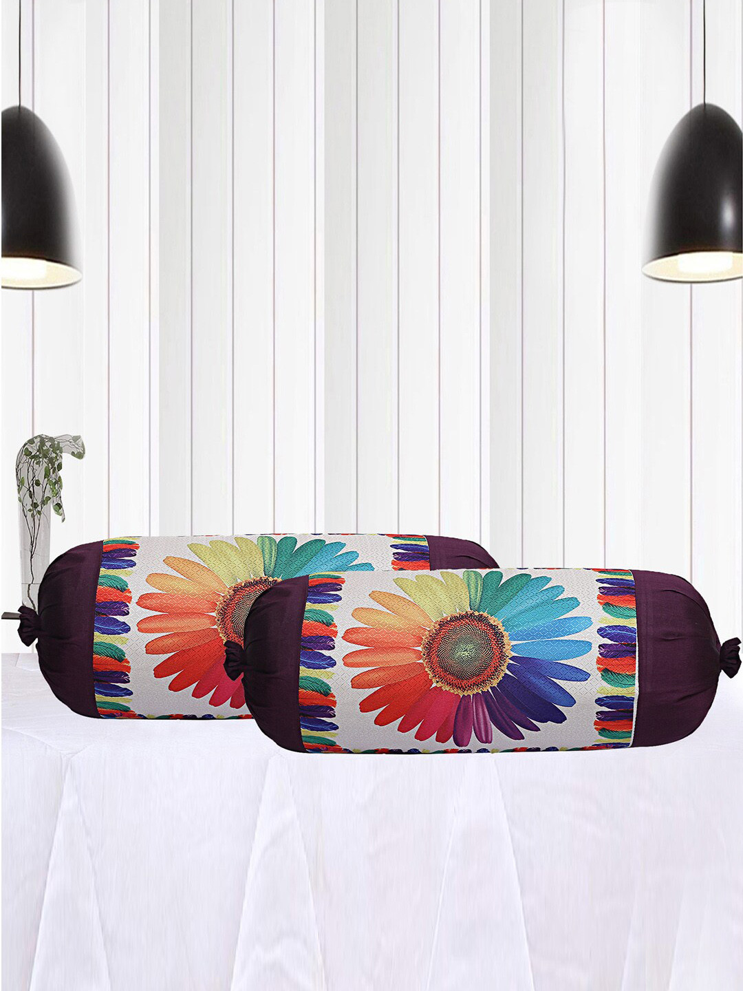 Kuber Industries 4 Pcs Cream & Purple Sun Flower Printed Cotton Bolster Covers