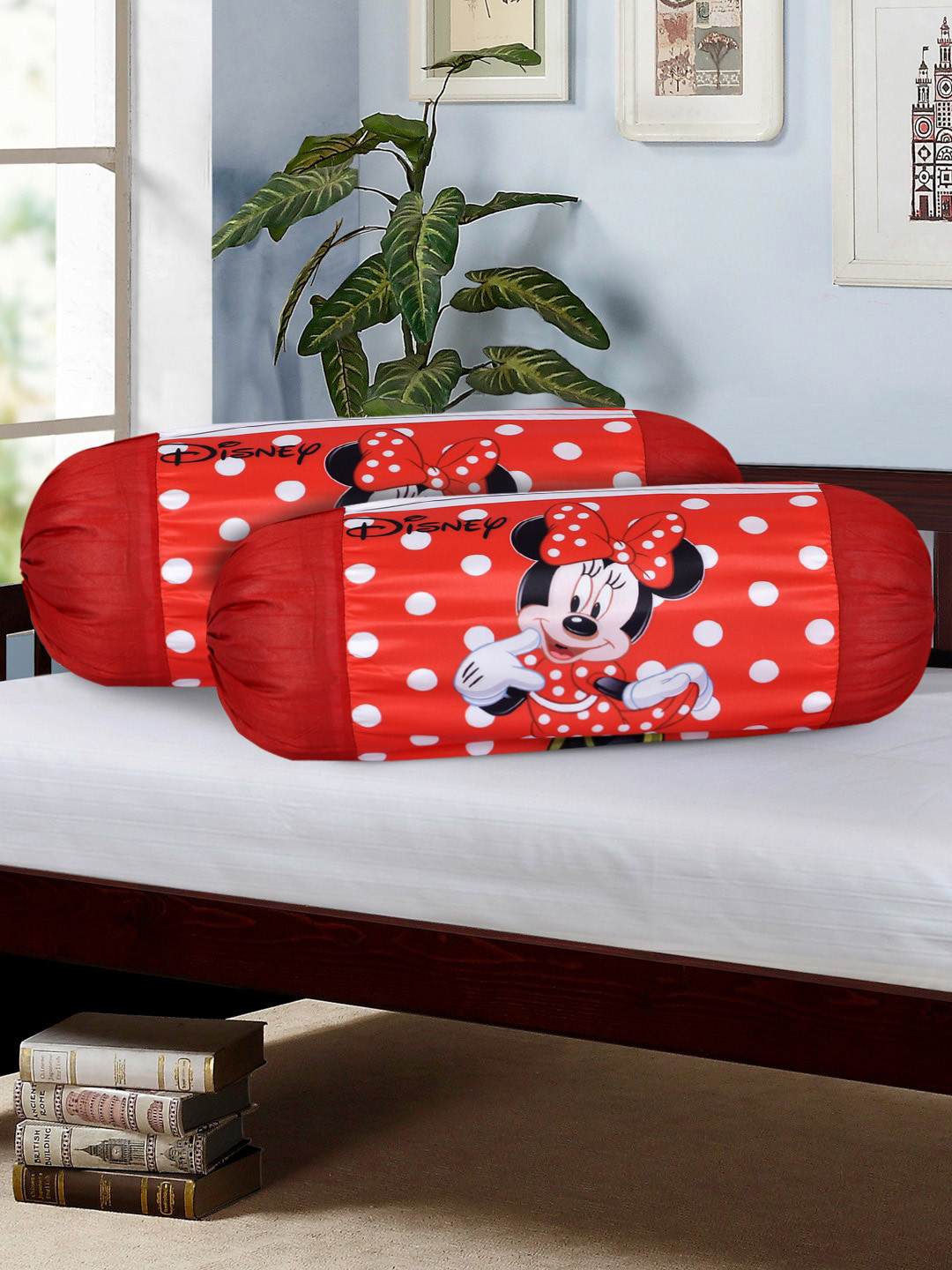 Kuber Industries Red & White 6 Pcs Disney Minnie Printed Cylindrical Shaped Bolster Covers