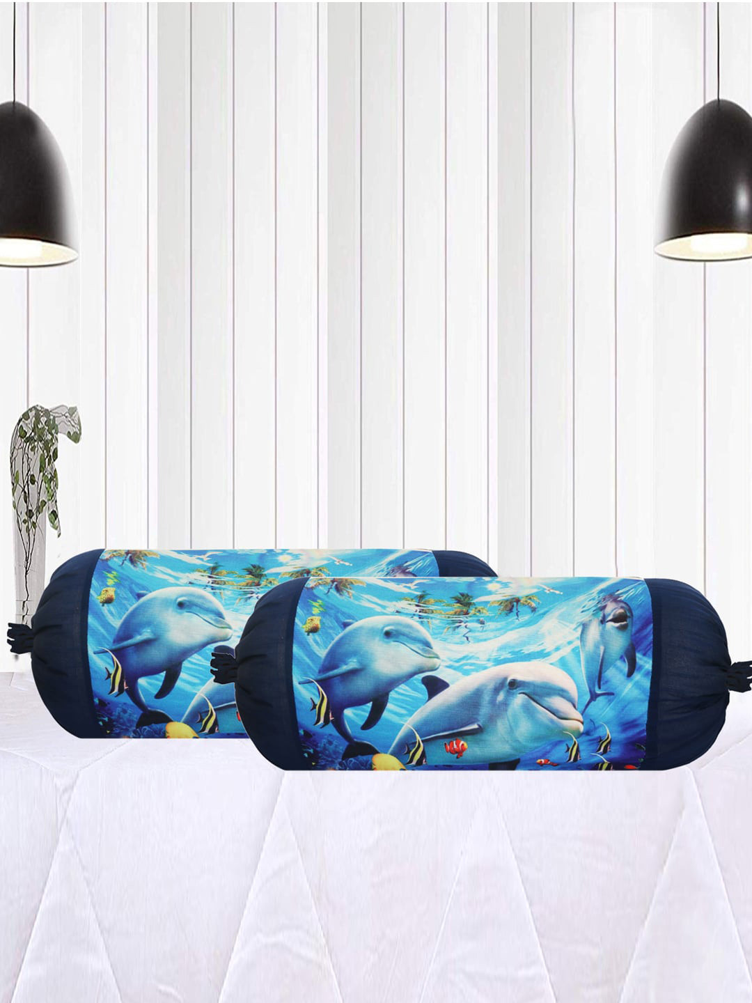 Kuber Industries Blue & White 4 Pieces Ocean Printed Roll Masand Bolster Cover