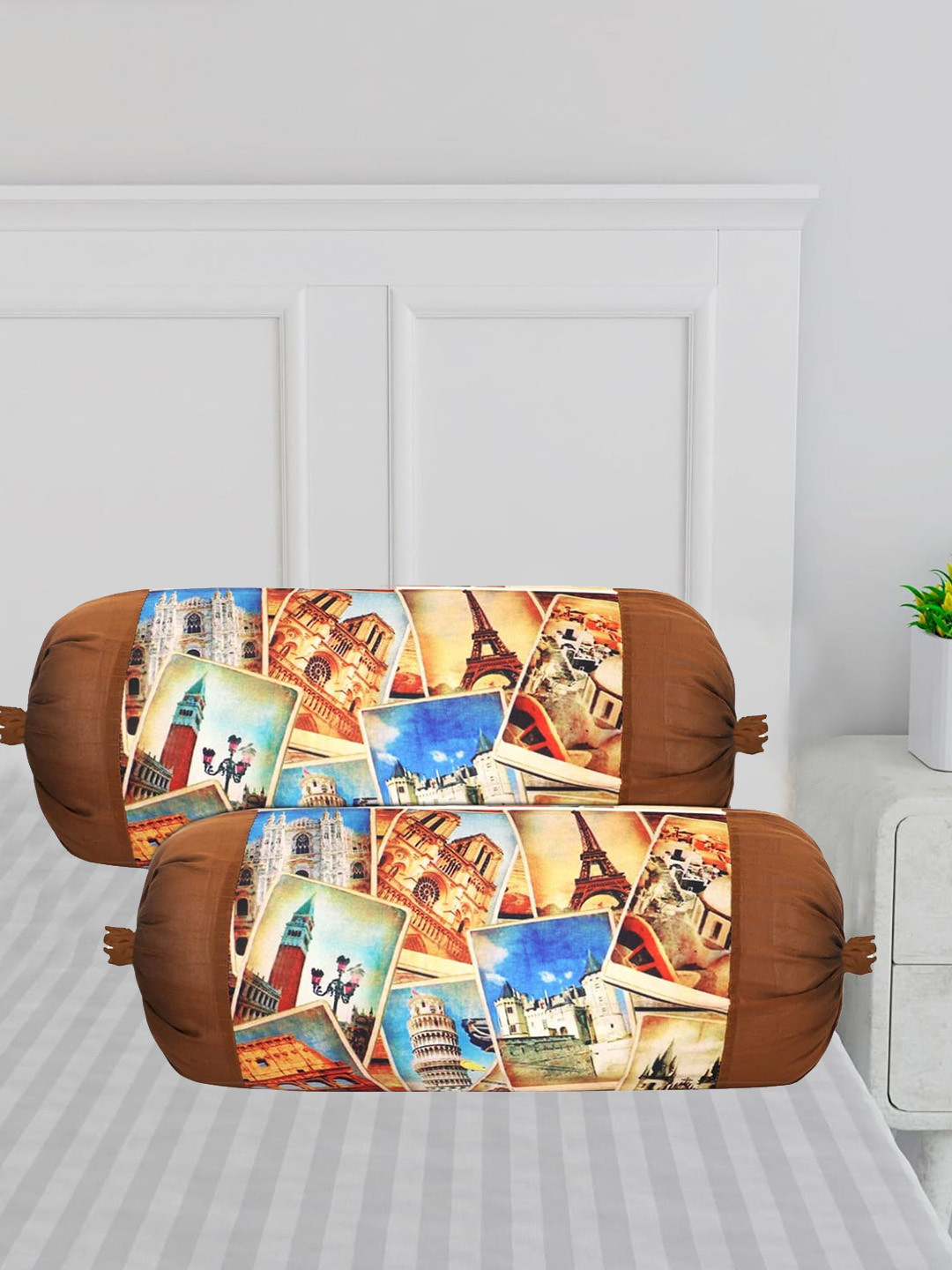 Kuber Industries Brown & Cream 2 Pieces Tourist Places Printed Cotton Bolster Covers
