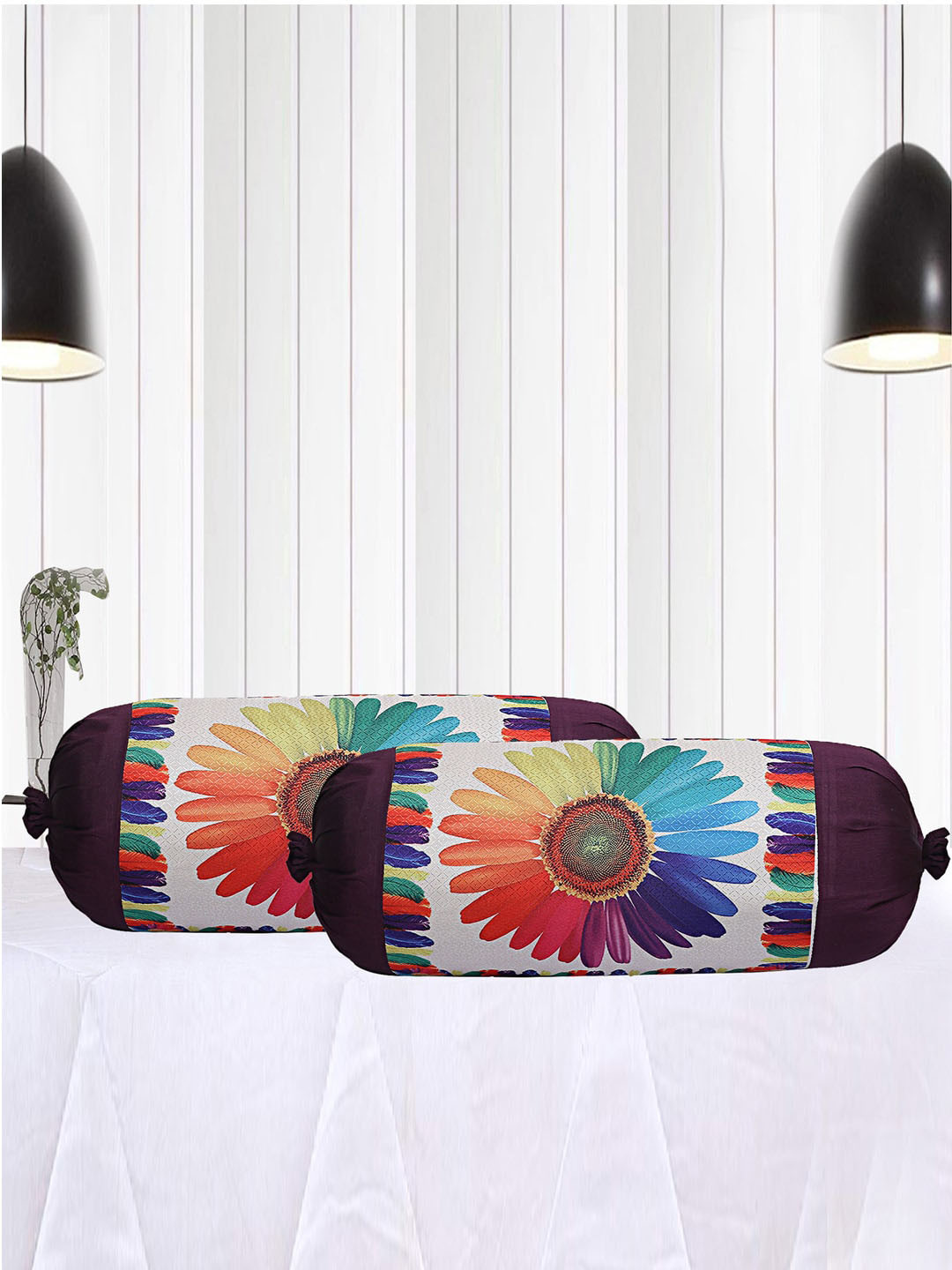 Kuber Industries Cream & Purple 2 Pieces Printed Cotton Bolster Covers