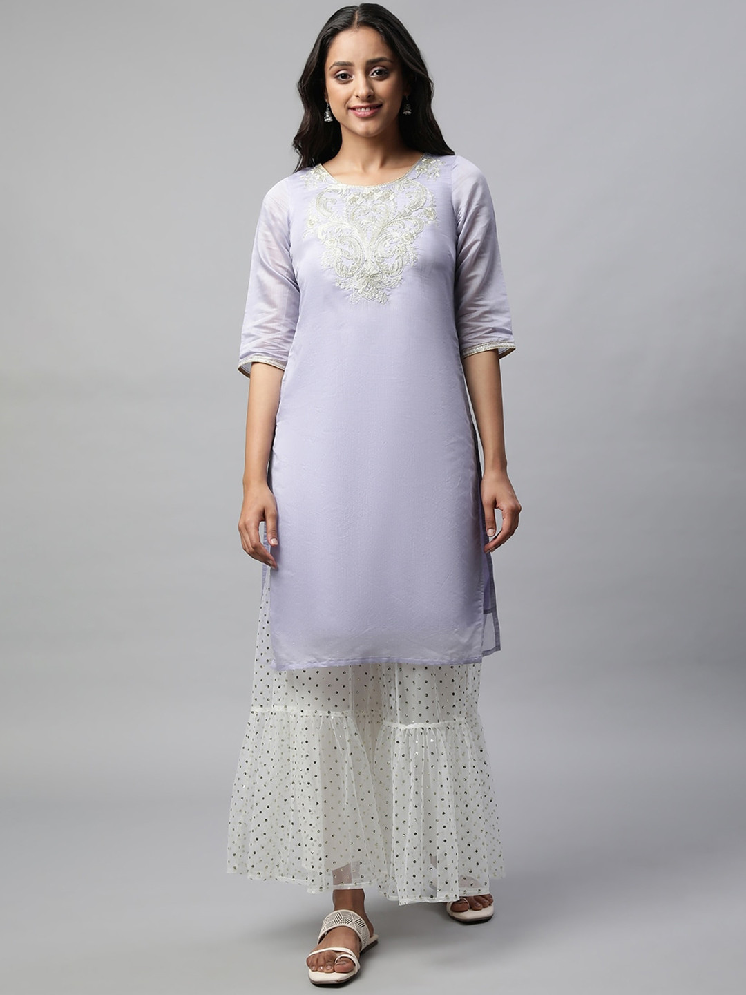 Aurelia Women Purple Solid Chanderi Kurta Set with Sharara