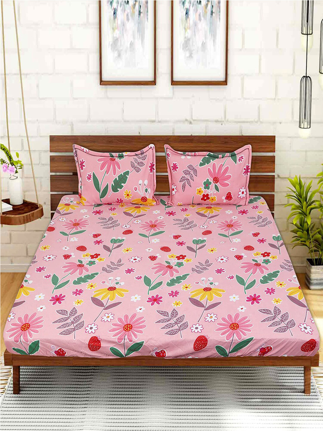 Kuber Industries Flat_Maple_Sbs Pink Floral Cotton Breathable 144 TC Fitted King Bedsheet with 2 Pillow Covers-254 x 228 cm