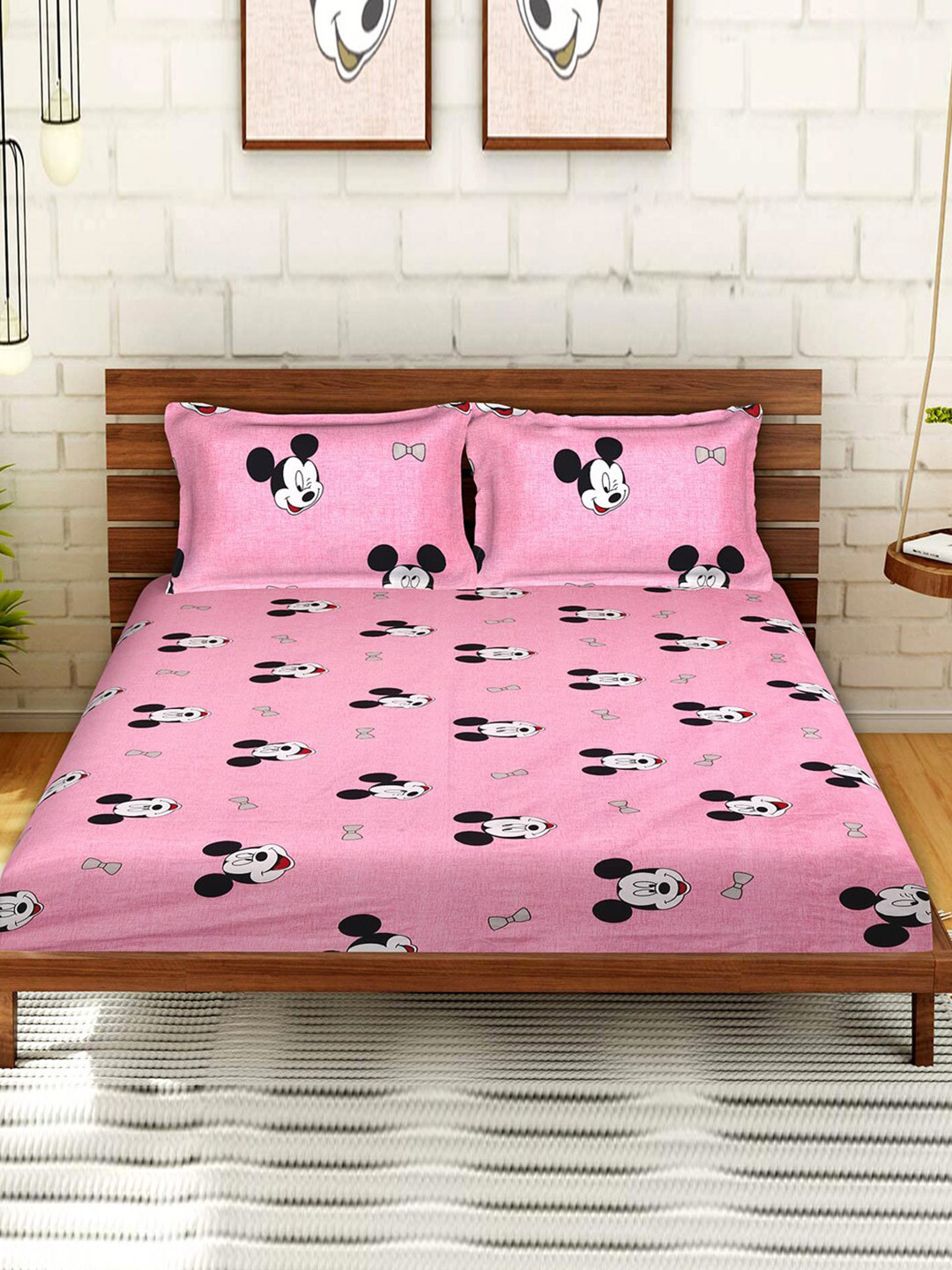 Kuber Industries Pink Cartoon Characters Cotton Breathable 144 TC King Bedsheet with 2 Pillow Covers-100 x 90 inches