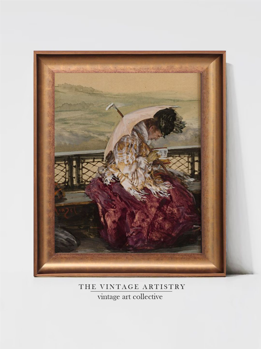 THE VINTAGE ARTISTRY Brown Antique Portrait Seated Woman Reading Book Painting Wall Art