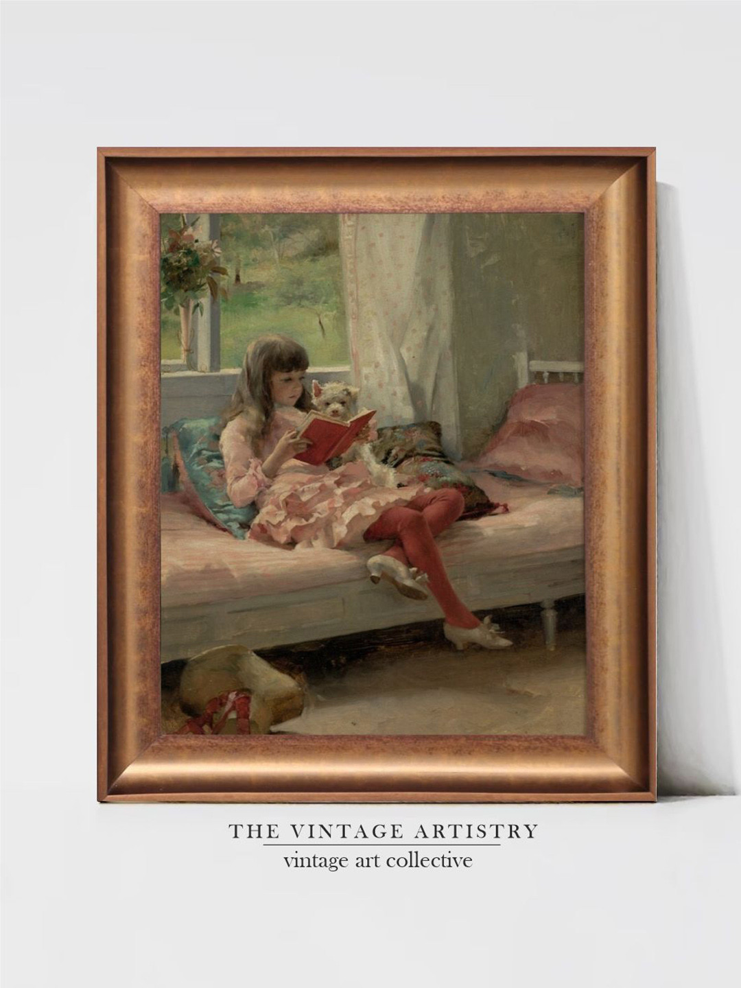 THE VINTAGE ARTISTRY Green & Pink Girl Reading Painting Wall Art