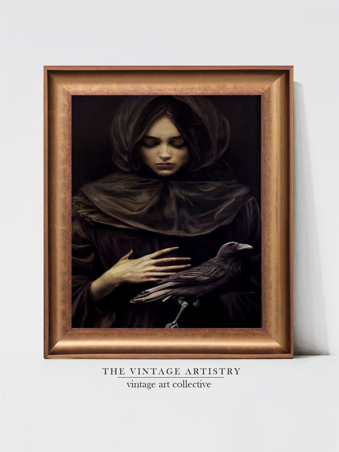 THE VINTAGE ARTISTRY Black Victorian Witch Portrait Painting Wall Art