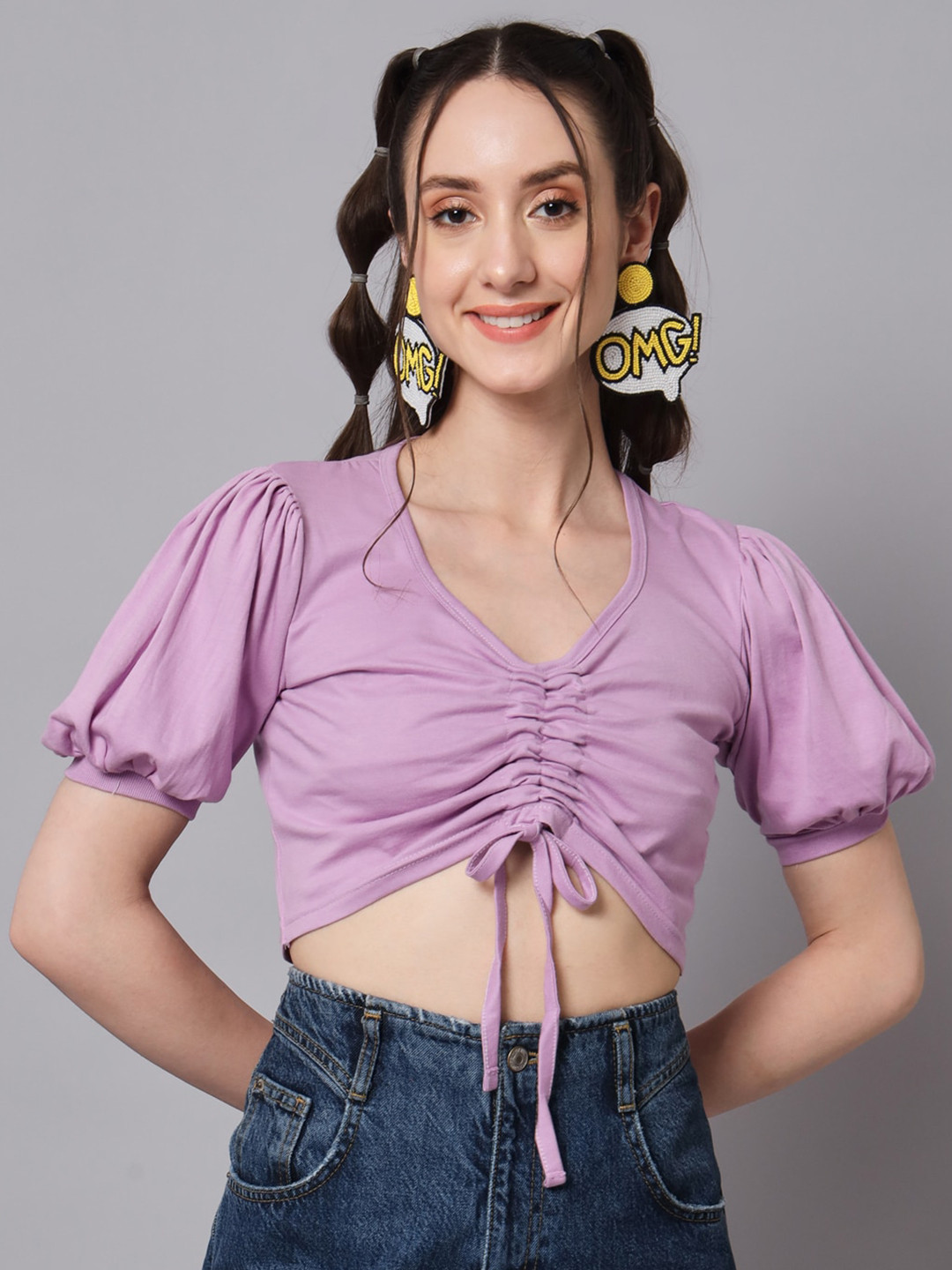 The Dry State Puff Sleeves V-Neck Cotton Crop Fitted Top