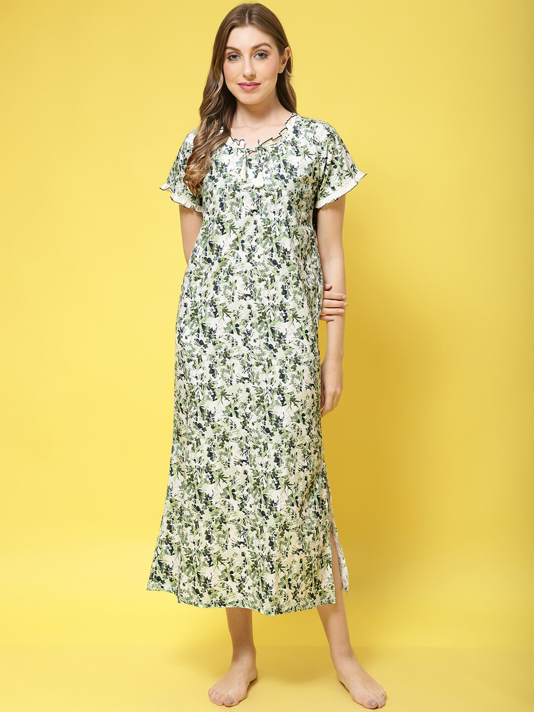 Claura Cream Floral Printed Maxi Nightdress