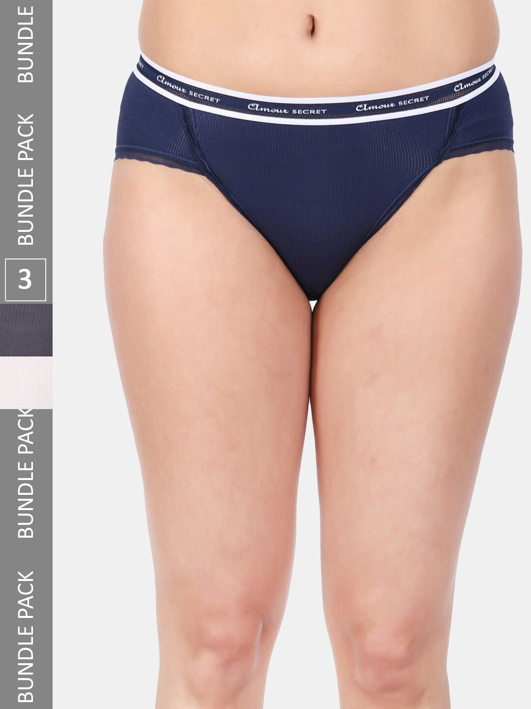 Amour Secret Women Pack Of 3 Stripped Anti Bacterial Lace Mid Rise Bikini Briefs