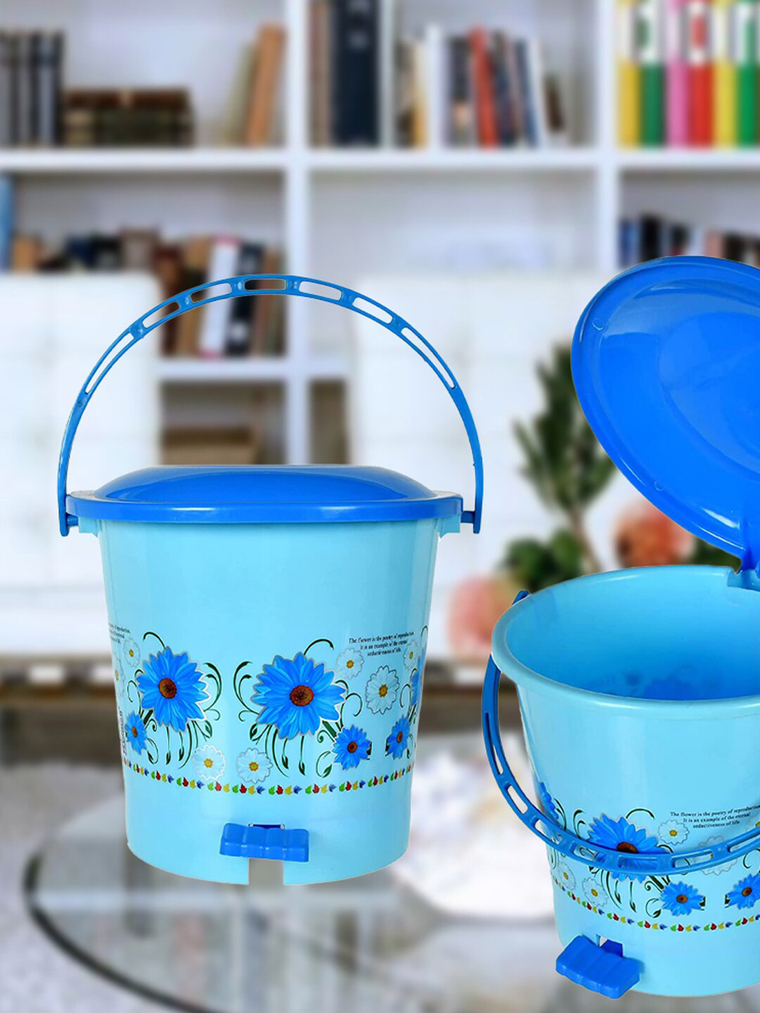 Kuber Industries Blue & Green 3-Pcs Floral Printed Pedal Dustbins With Handle - 5 L Each