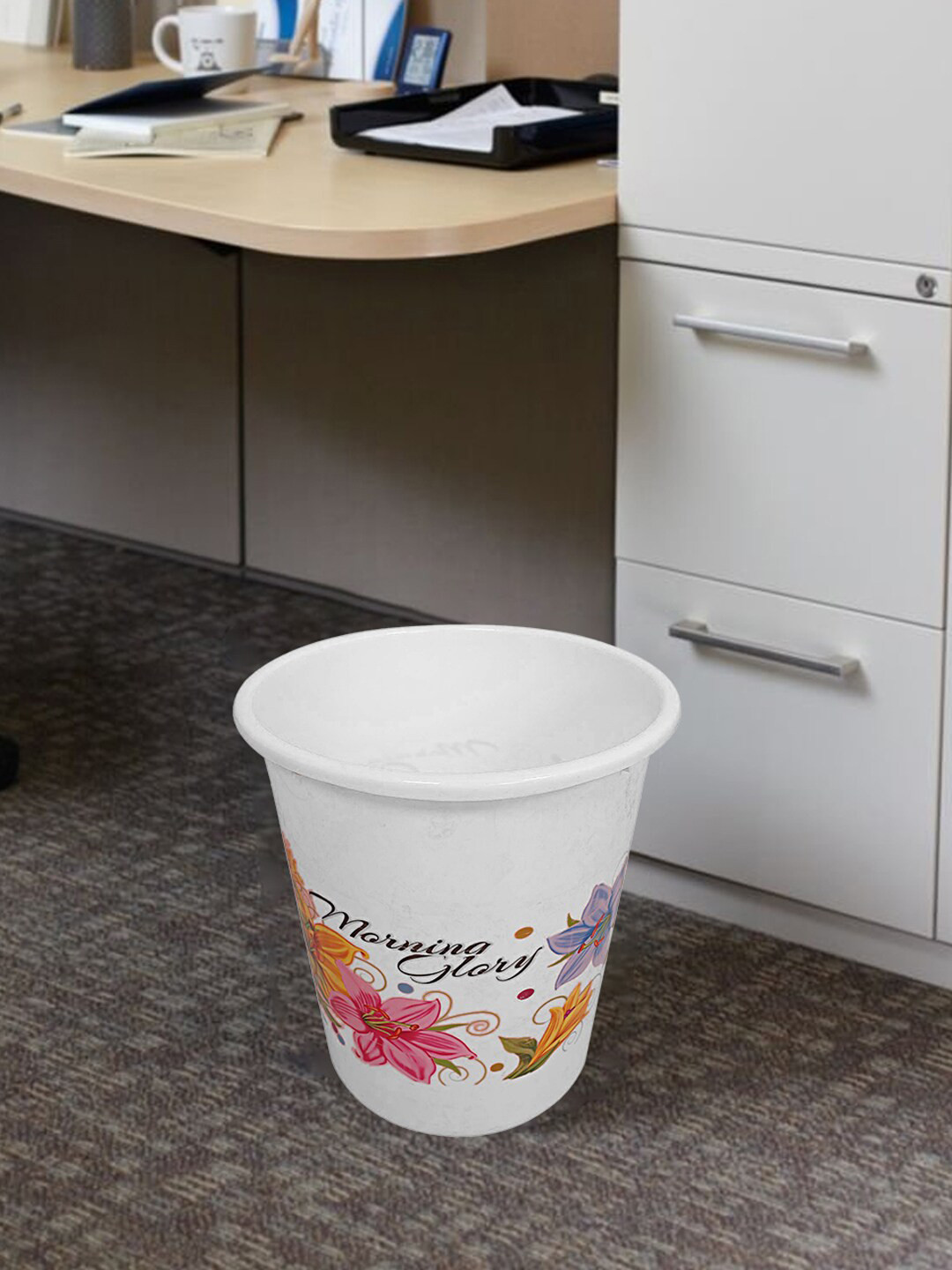 Kuber Industries White & Pink 3-Pieces Floral Printed Portable Garbage Baskets - 5 L Each