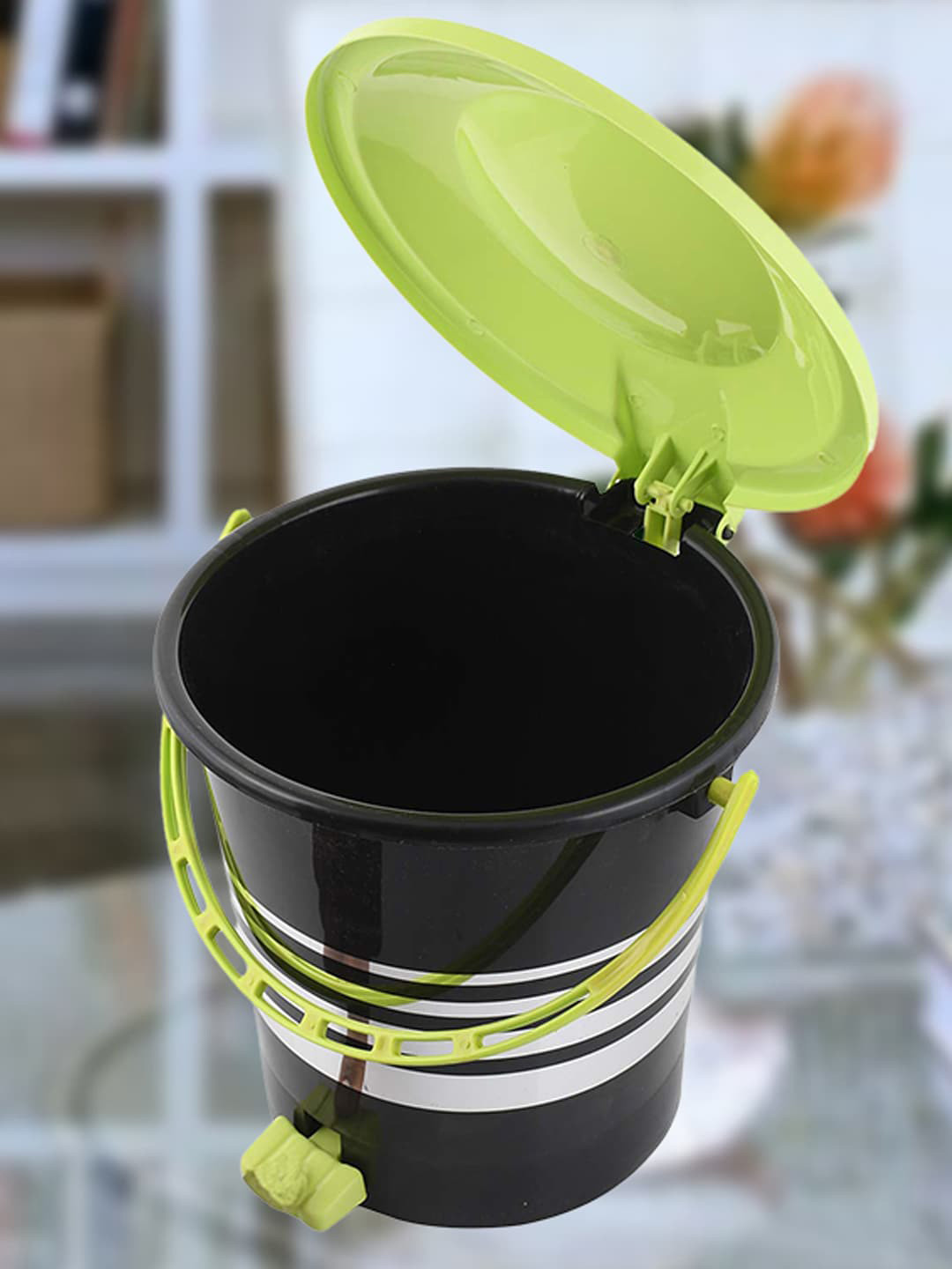 Kuber Industries 3-Pcs Black & Green Striped Pedal Dustbins With Handle - 5 L Each