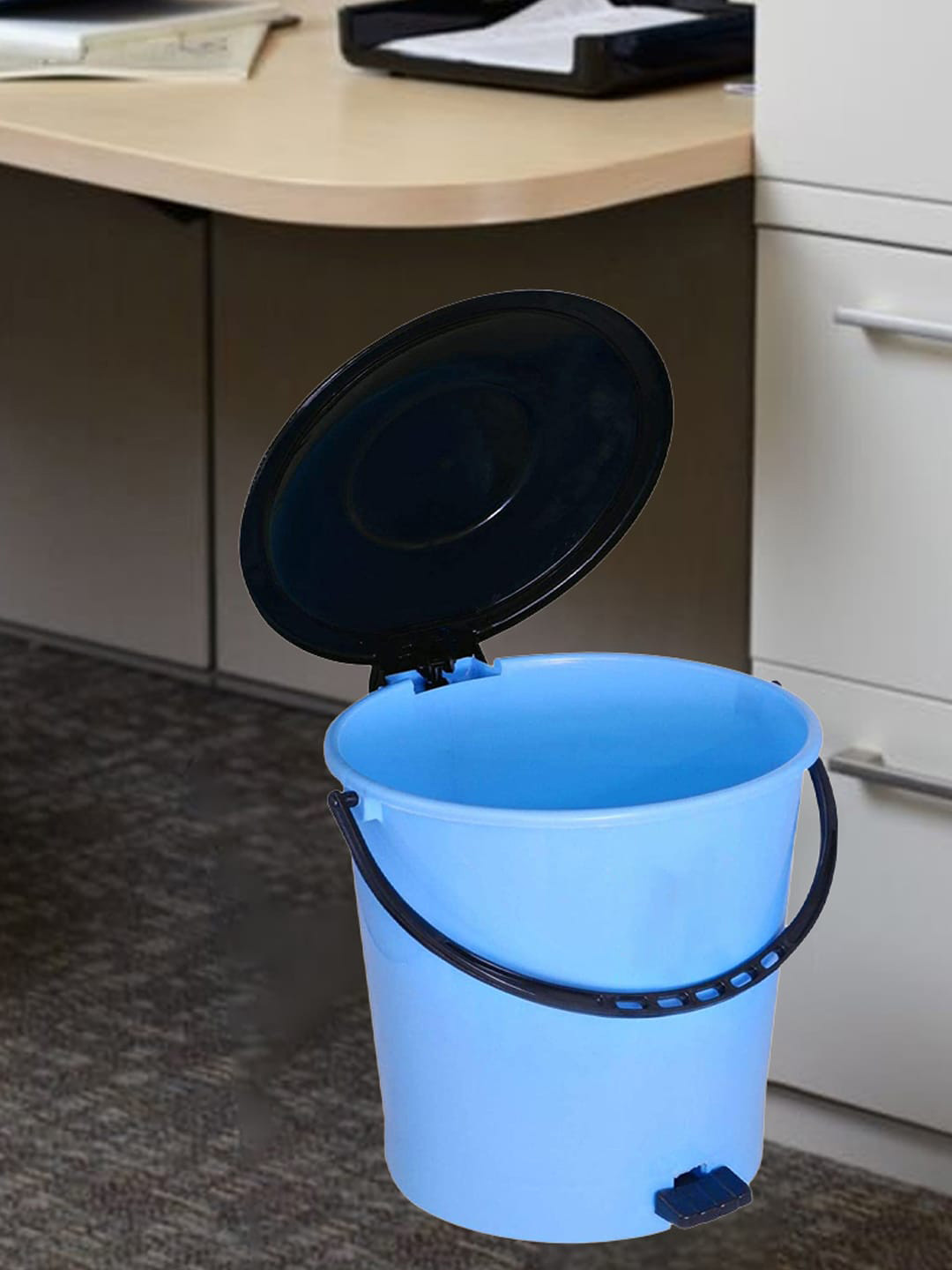 Kuber Industries Blue & Black 3-Pcs Kitchen Waste Pedal Dustbins With Handle - 5 L Each