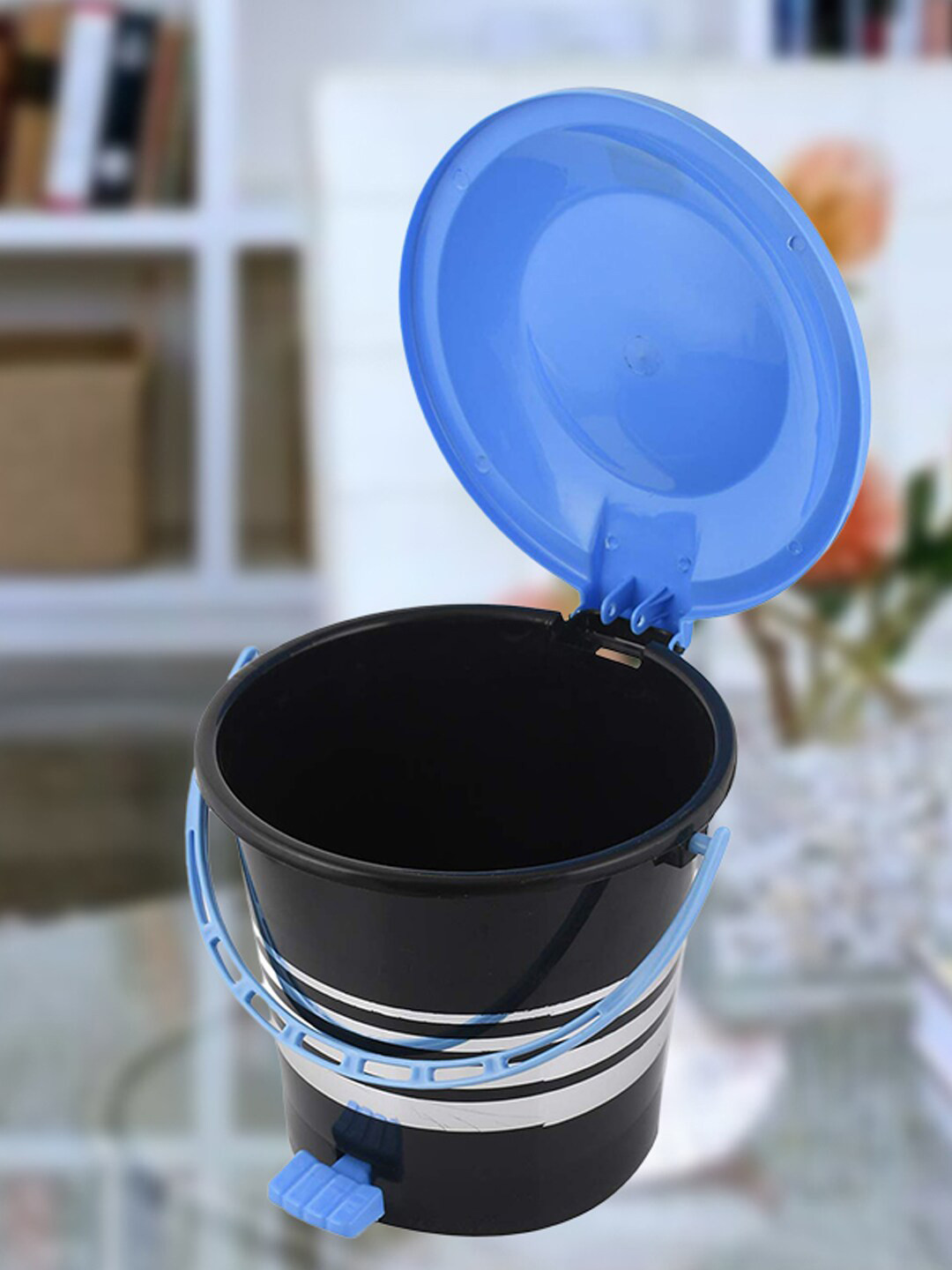 Kuber Industries Black & Blue Striped Kitchen Waste Pedal Dustbin With Handle - 10 L