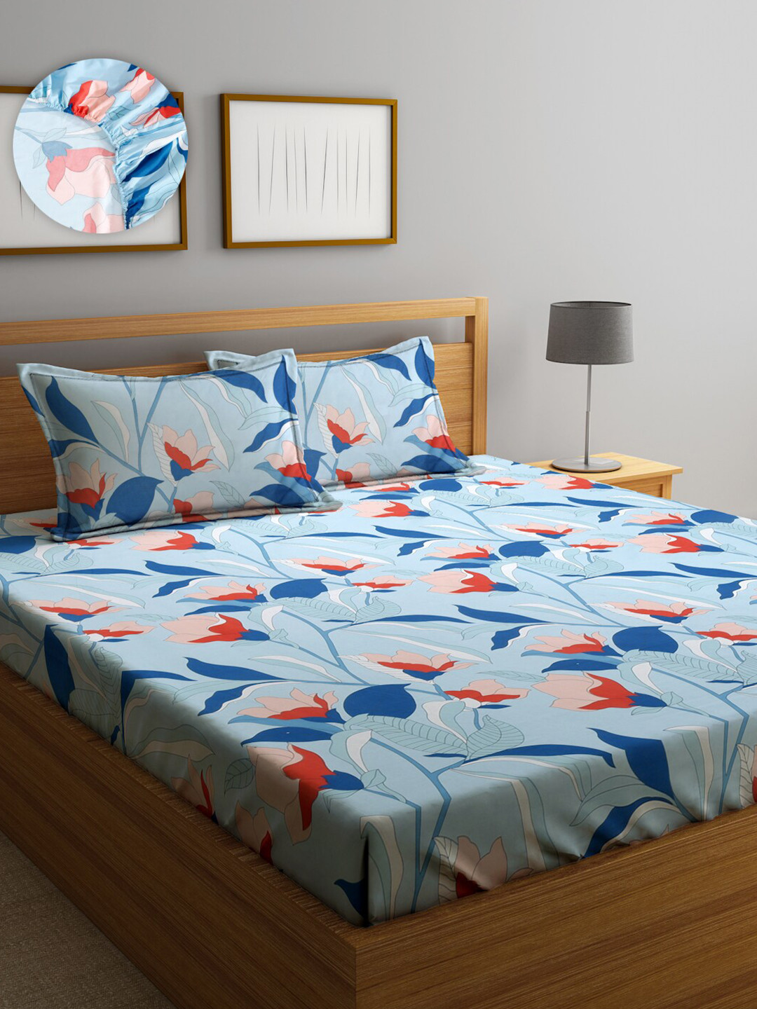 SOKNACK Ananda Blue Floral Cotton 260 TC Fitted Queen Fine Bedsheet with 2 Pillow Covers-90 x 100 inches