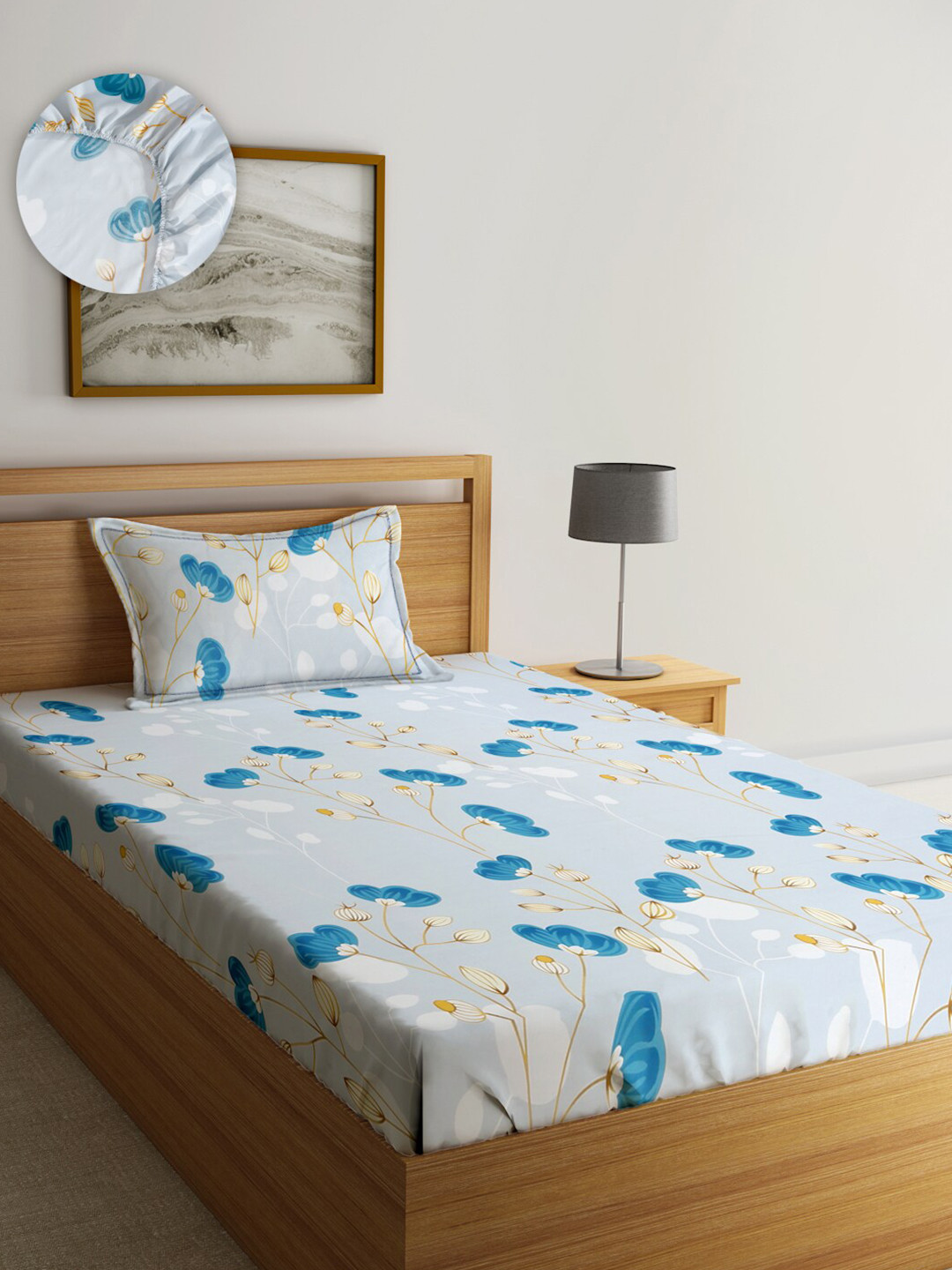 SOKNACK Book Fold Blue Floral Cotton 280 TC Fitted Single Fine Bedsheet with a Pillow Cover-60 x 90 inches