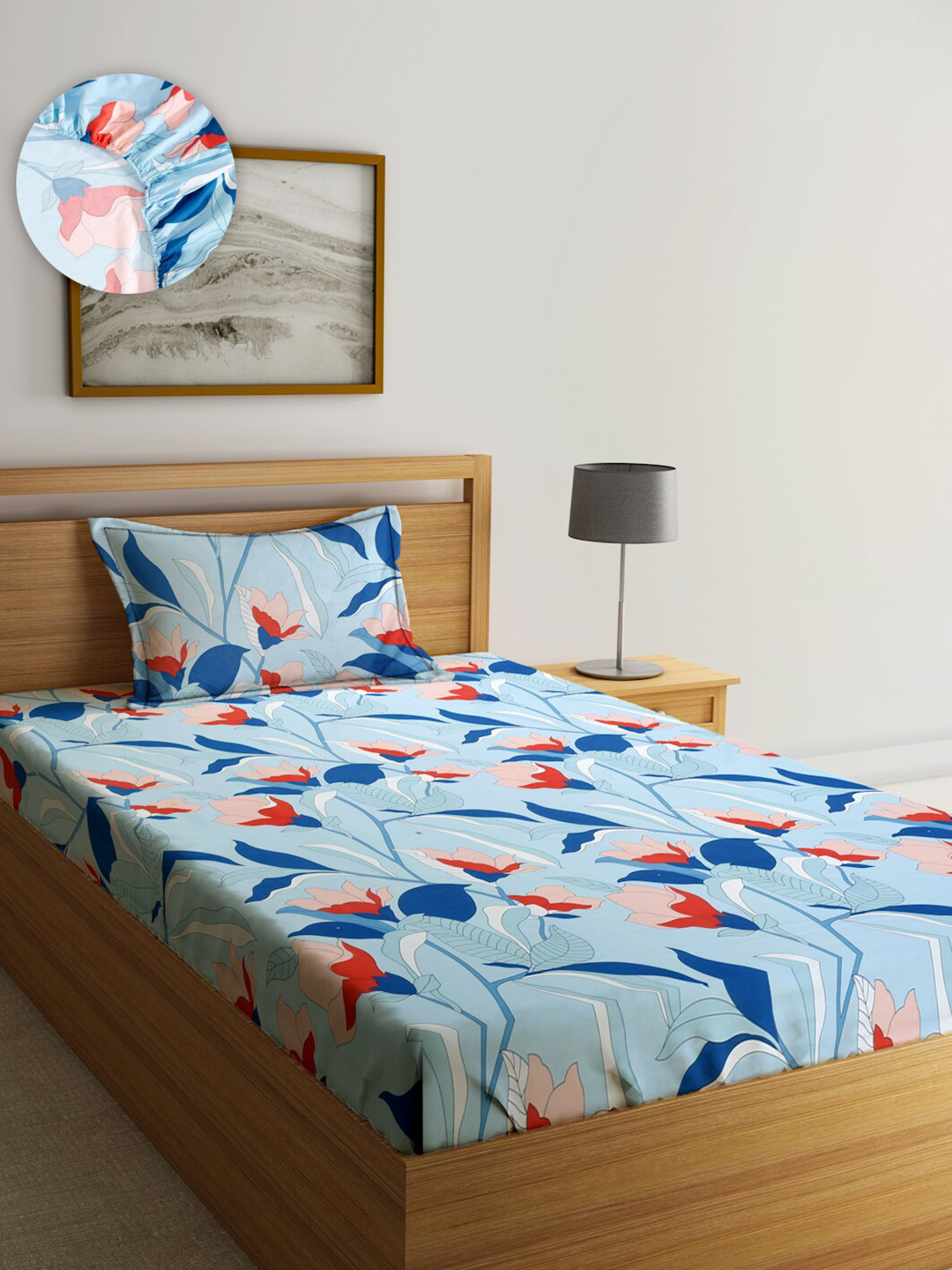 SOKNACK Blue Leaf Polycotton 260 TC Fitted Single Fine Bedsheet with a Pillow Cover-60 x 90 inches