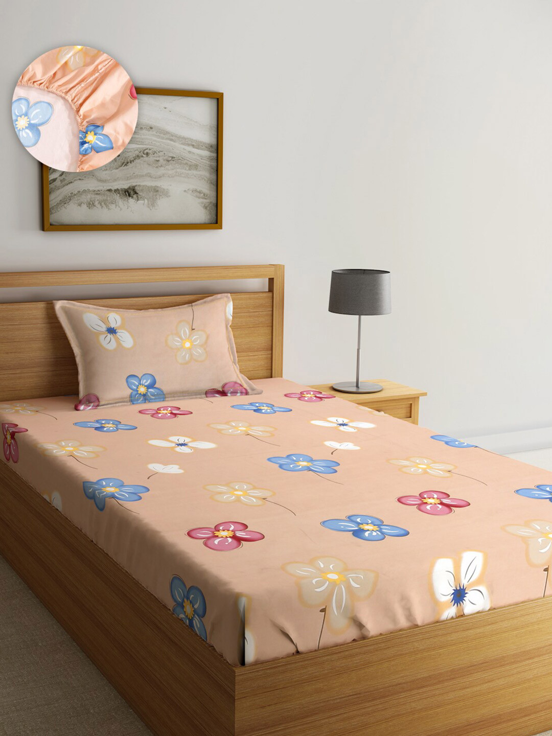 SOKNACK Peach Floral Cotton 280 TC Fitted Single Fine Bedsheet with a Pillow Cover-60 x 90 inches