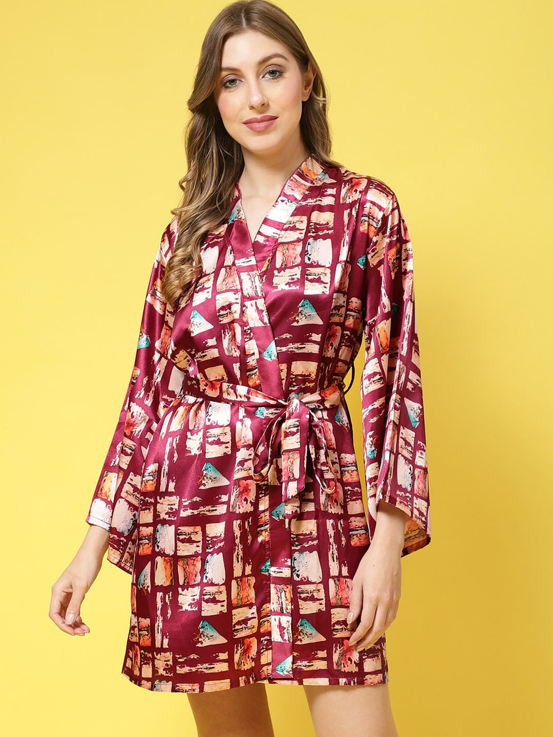 Claura Women Printed Silk Satin robe