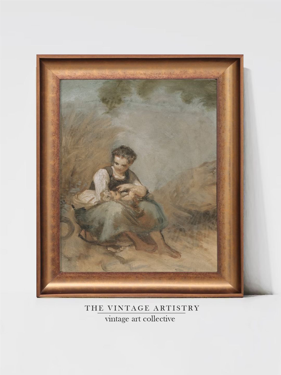 THE VINTAGE ARTISTRY Green & Brown Young Peasant Woman Sitting On A Rock Painting Wall Art