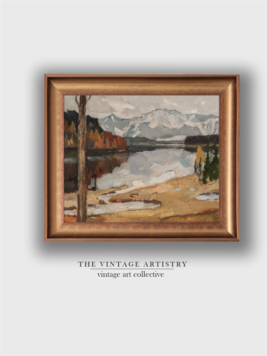 THE VINTAGE ARTISTRY Green & White Rustic Autumn Lake Landscape Painting Wall Art