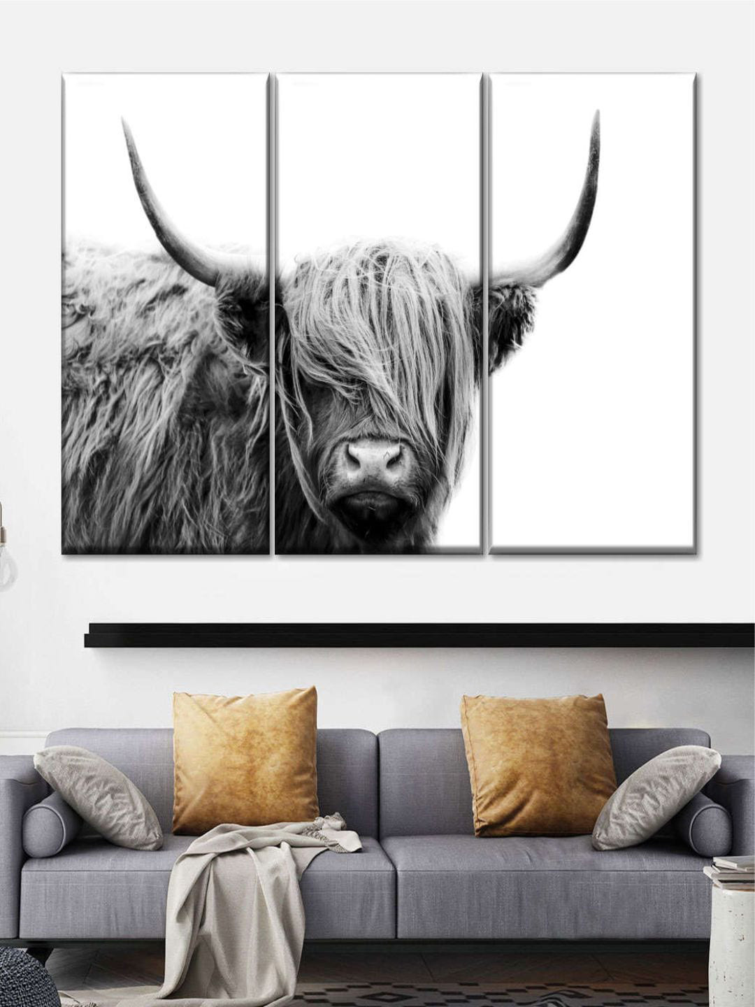 POSTERS AND TRUSS 3-Pcs White & Black Highland Cow Framed Wall Painting