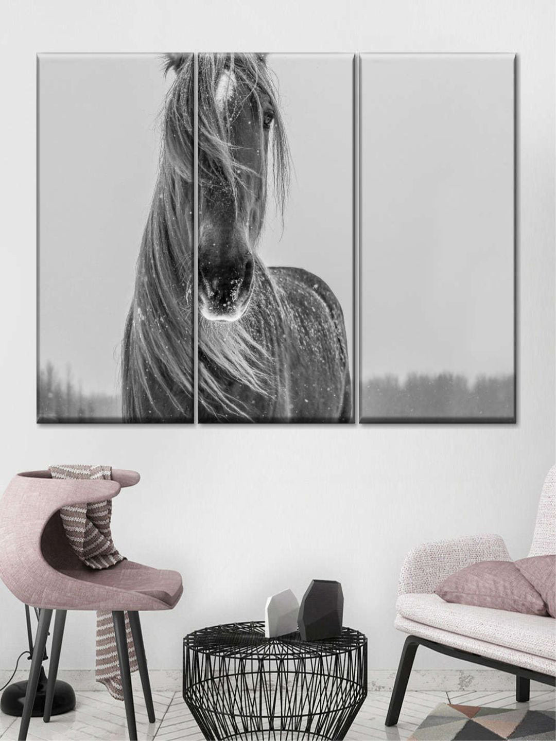 POSTERS AND TRUSS 3-Pcs Grey & Black Winter Horse Canvas Wall Art