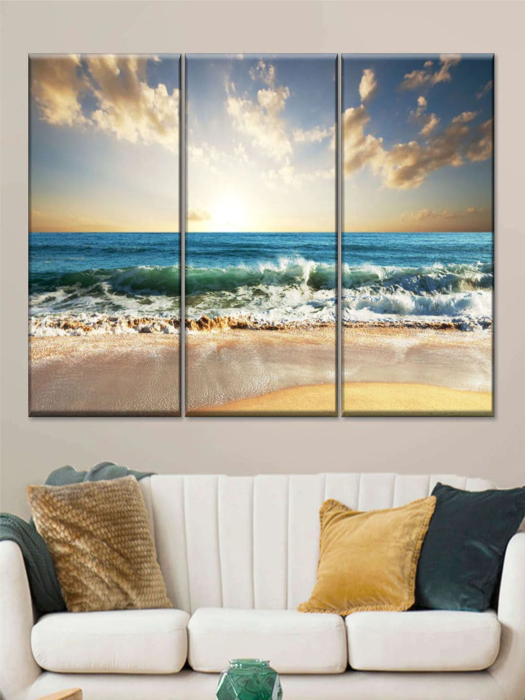 POSTERS AND TRUSS Ocean Beach Canvas 3 Piece Wall Rectangle Paintings Wall Art -30 x 20 In