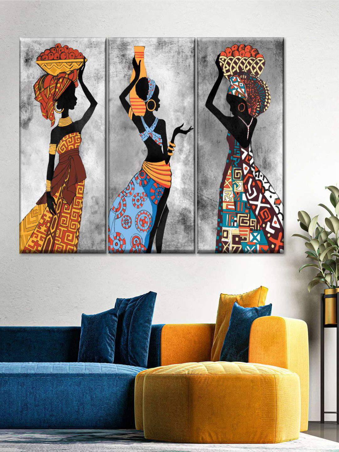 POSTERS AND TRUSS 3 Pcs Grey & Yellow Ethnic African Woman Printed Wall Art