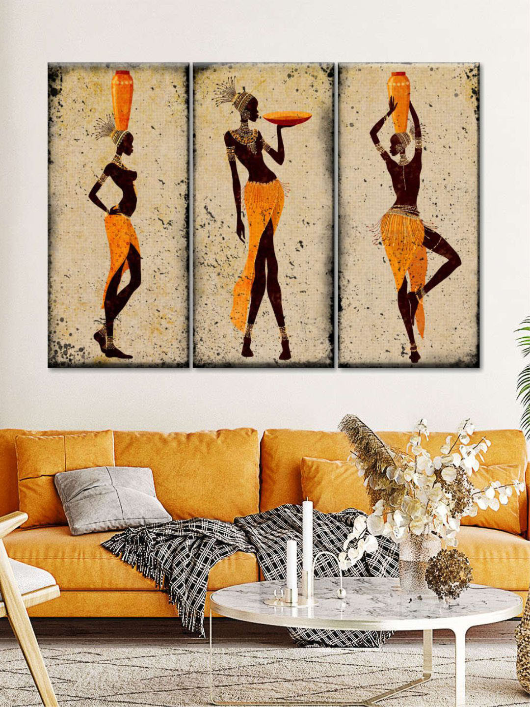 POSTERS AND TRUSS 3-Pcs Beige & Black Six Tribal African Women Painting Canvas Wall Art