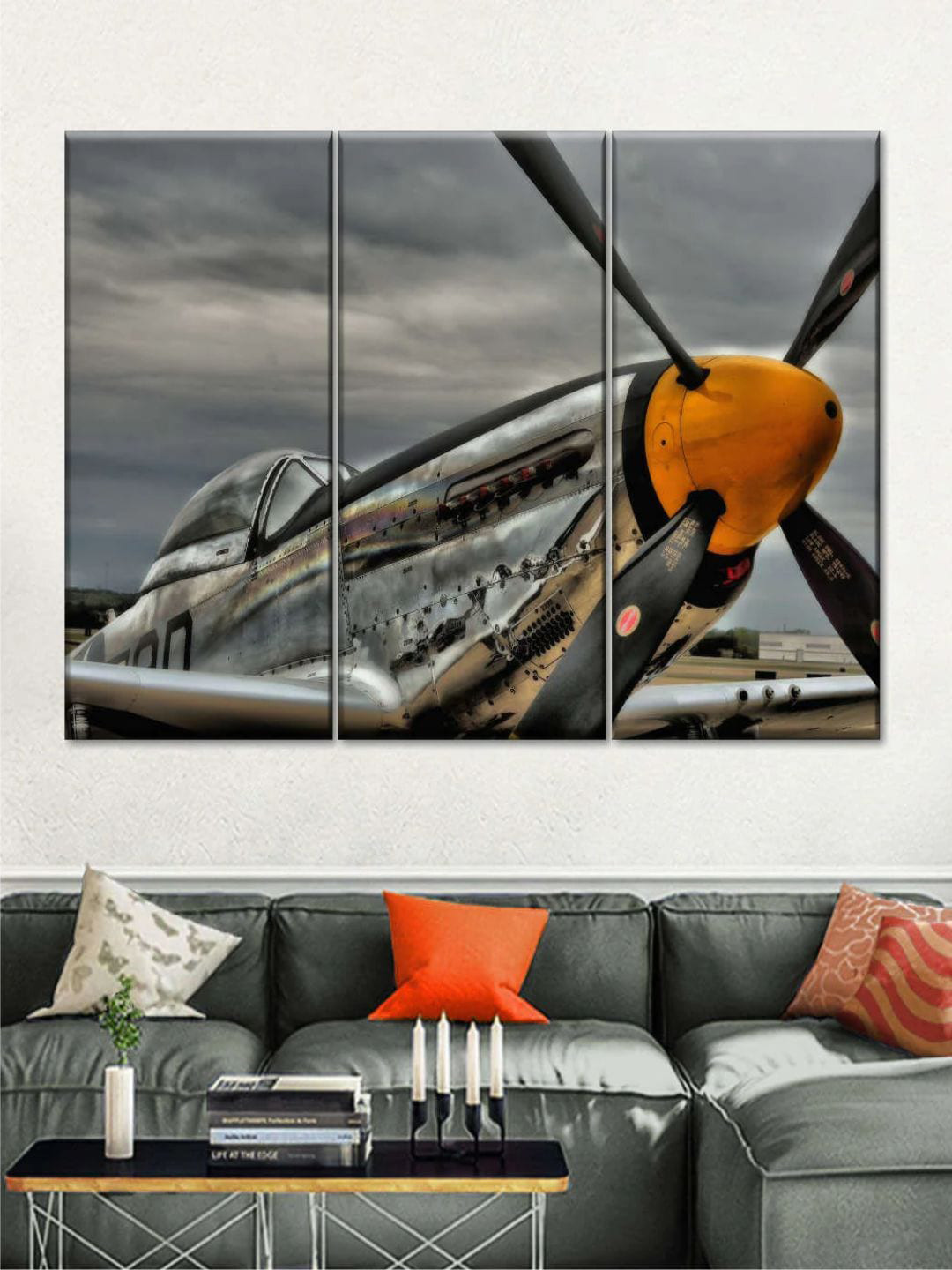 POSTERS AND TRUSS 3 Pcs Grey & Black Mustang Fighter Airplane Printed Framed Wall Art