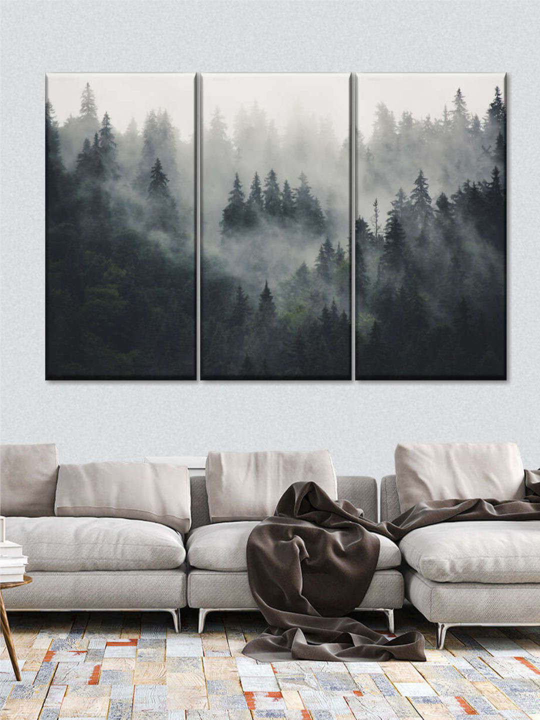 POSTERS AND TRUSS Black & Grey 3 Pieces Misty Forest Mountain Wall Art
