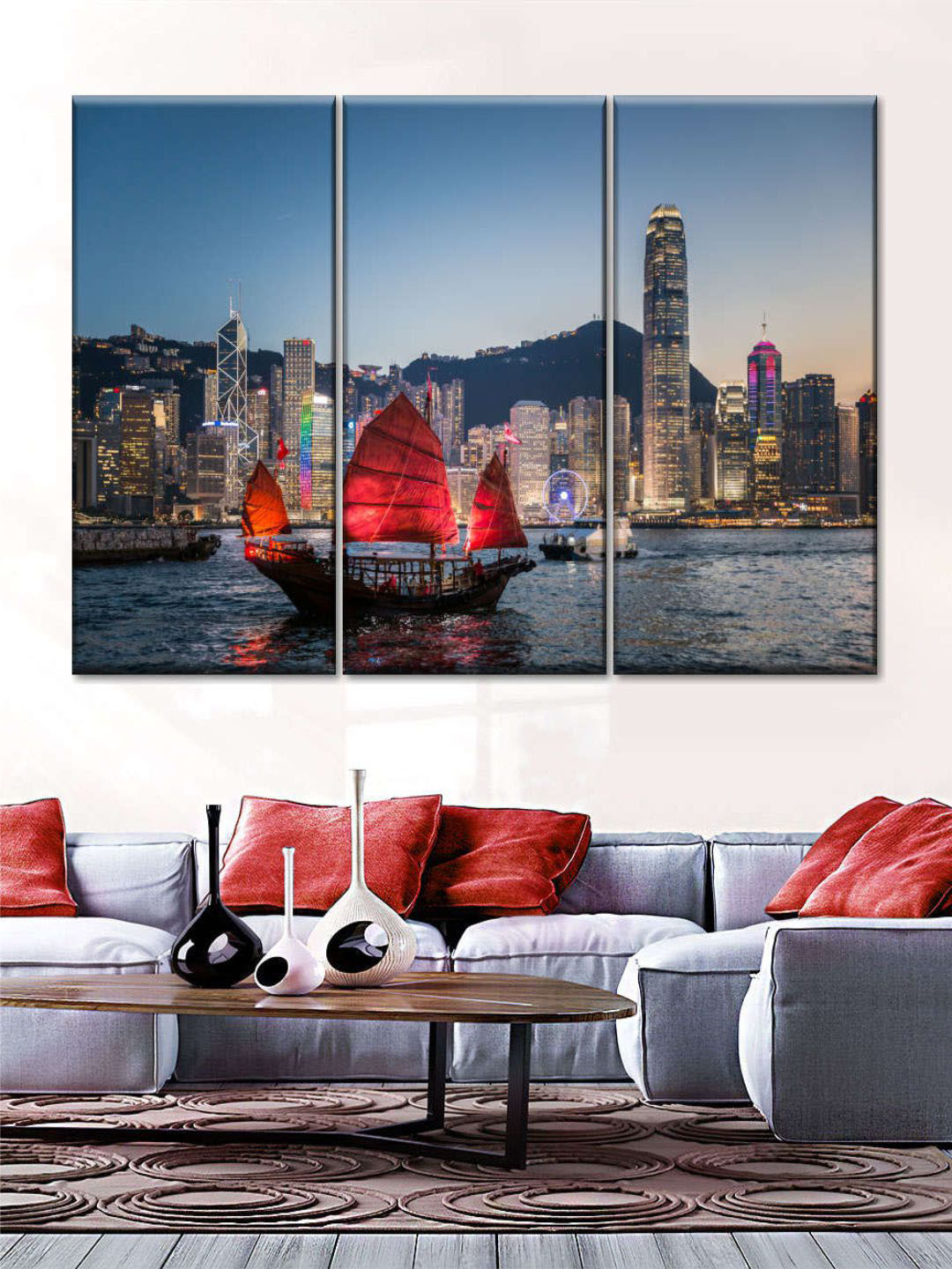 POSTERS AND TRUSS 3-Pcs Blue & Red Tour Boat In Hong Kong Painting Canvas Wall Art