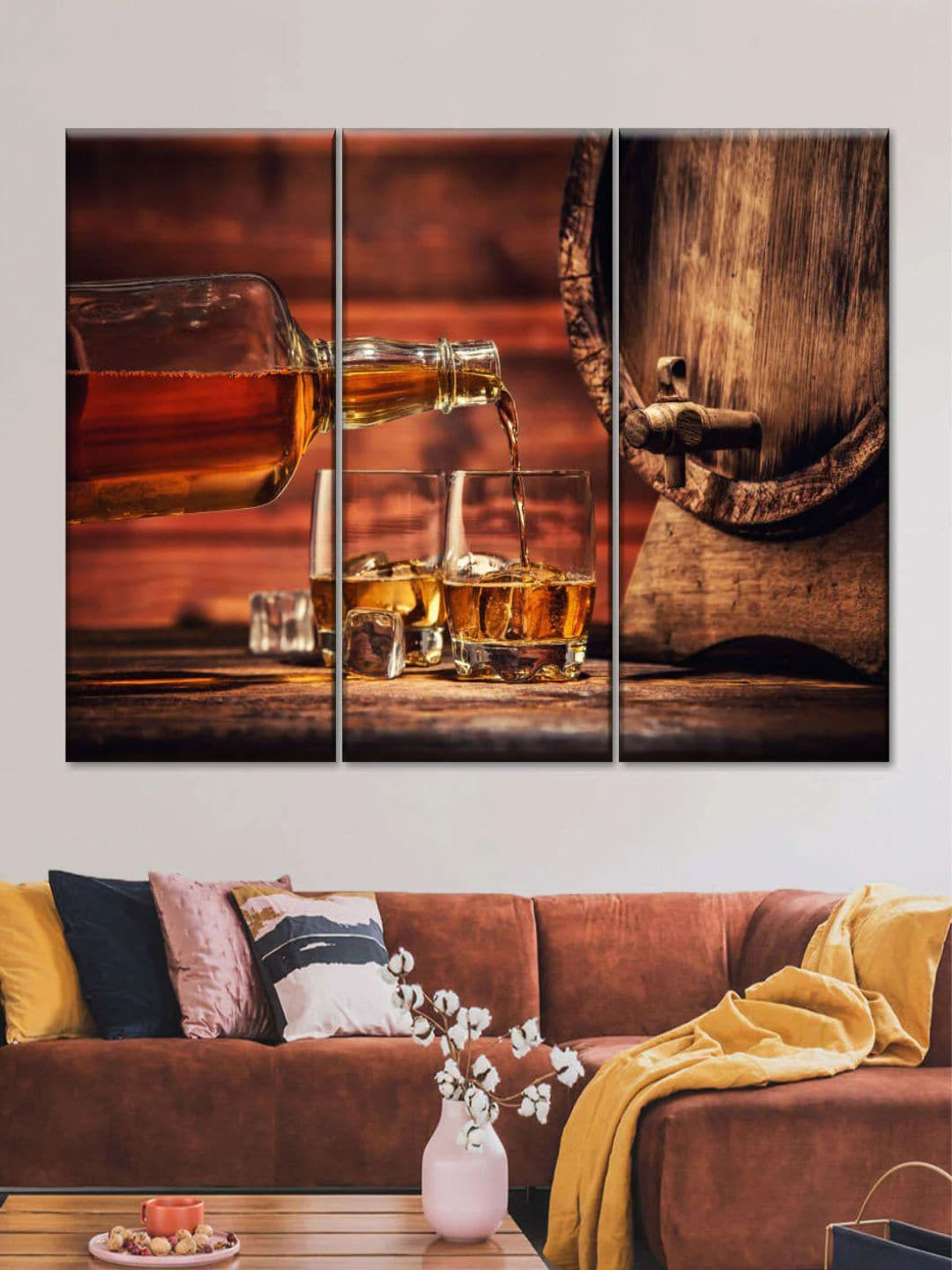 POSTERS AND TRUSS Whiskey Glass Canvas 3 Piece Rectangle Paintings Wall Art - 20 x 30In