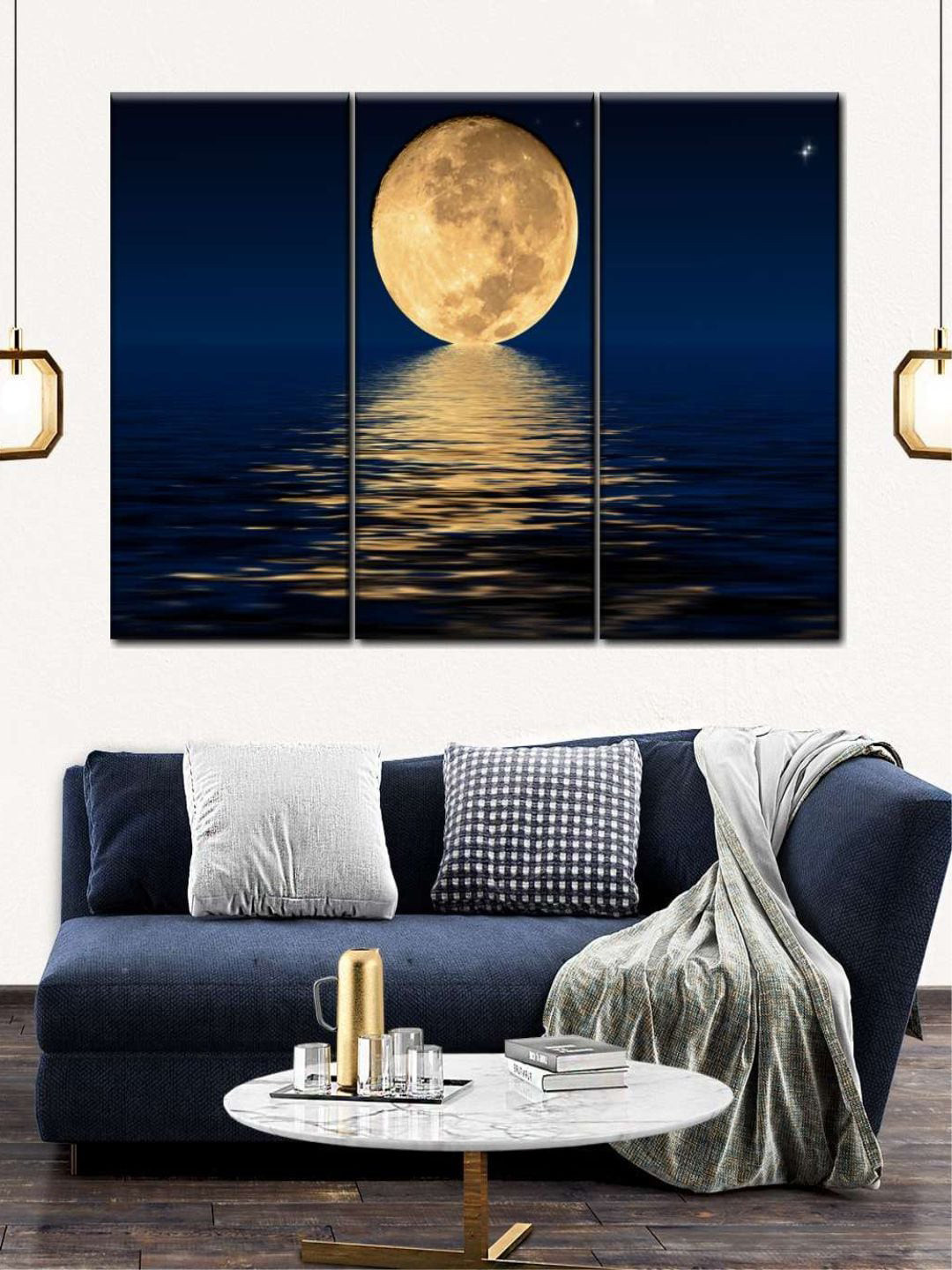 POSTERS AND TRUSS 3-Pcs Orange & Blue Moon Light Painting Canvas Wall Art