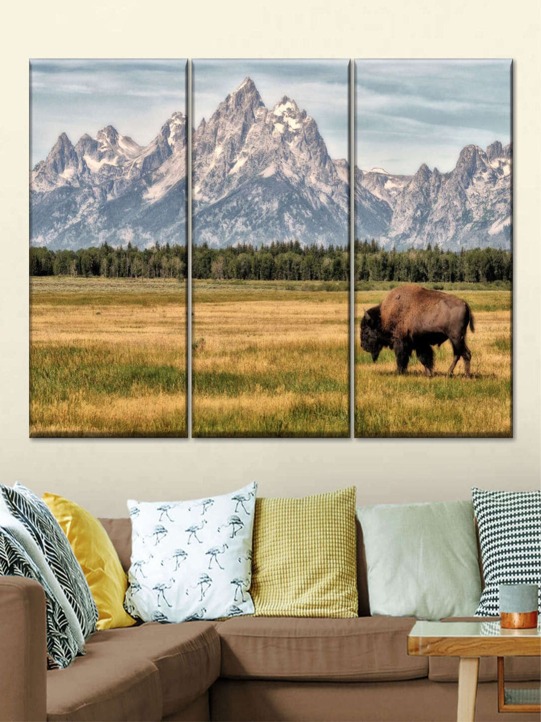POSTERS AND TRUSS Bull BisonIn Grand Teton Canvas 3 Piece Paintings Wall Art -30 x20In