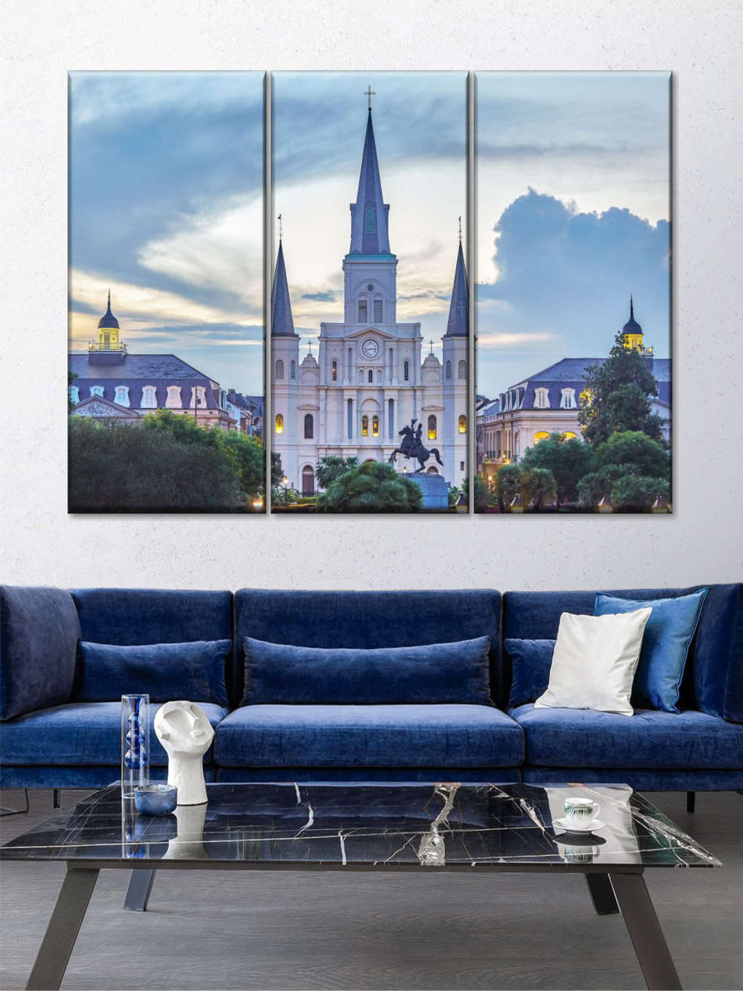 POSTERS AND TRUSS 3 Pcs White & Blue Palatial St. Louis Cathedral Printed Wall Art