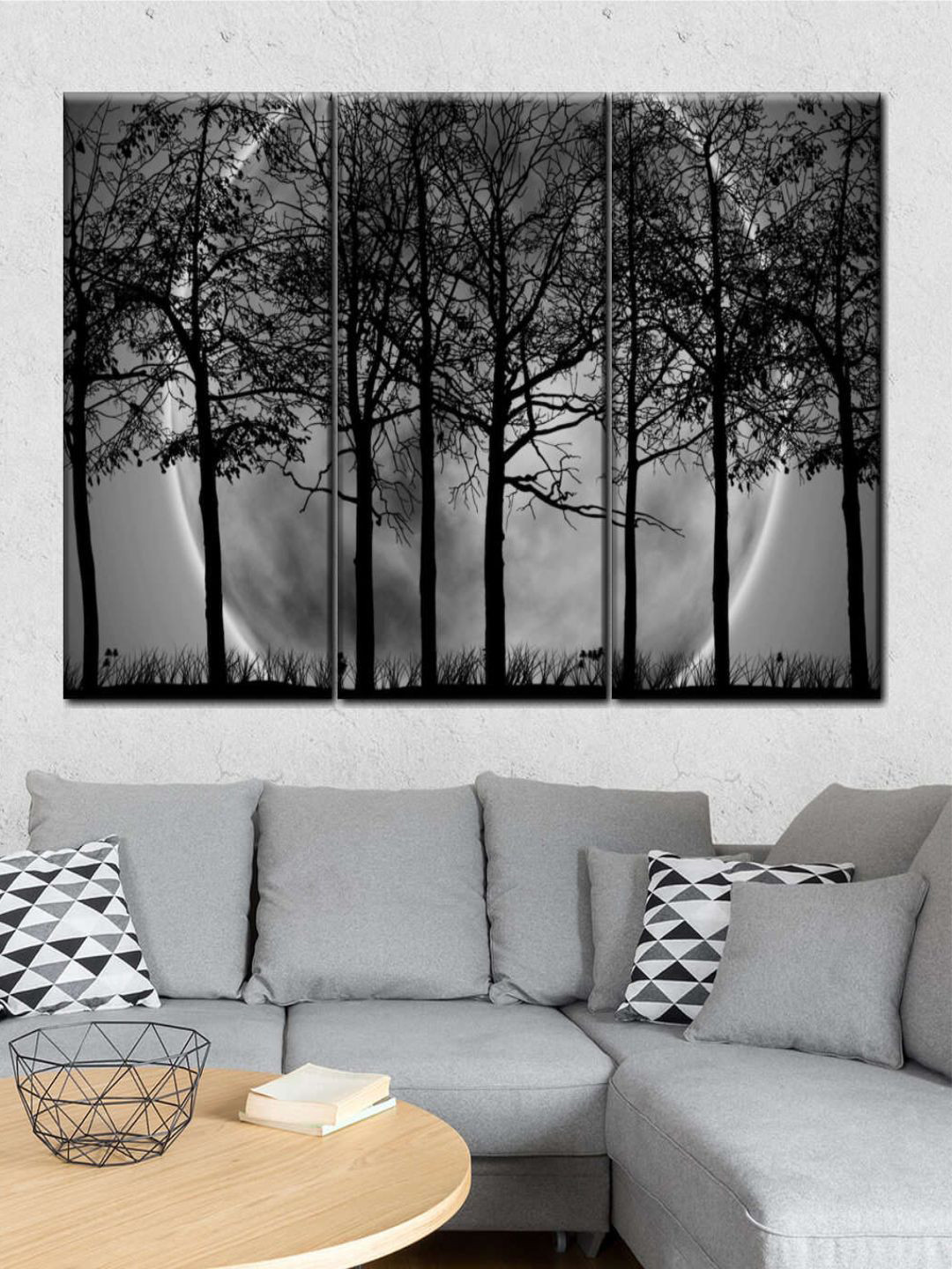 POSTERS AND TRUSS 3 Pcs Grey & Black Dark Forest Printed Framed Wall Art