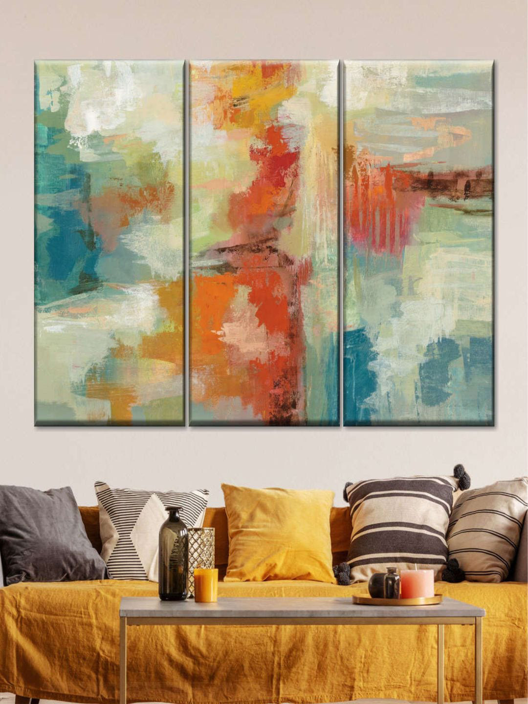 POSTERS AND TRUSS 3 Pcs Yellow & Orange-Colored Castanets Printed Framed Wall Art