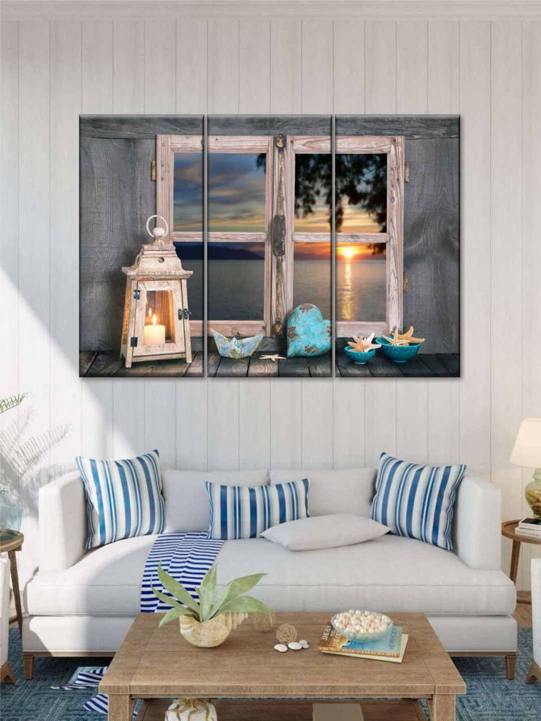 POSTERS AND TRUSS 3 Pcs Black & Beige Window To Sunset Beach Front Printed Canvas Framed Wall Art