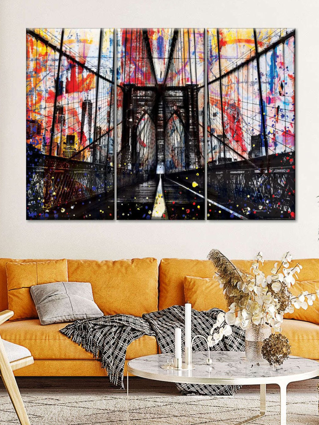 POSTERS AND TRUSS 3-Pcs Black & Red Grunge Brooklyn Bridge Printed Framed Wall Painting