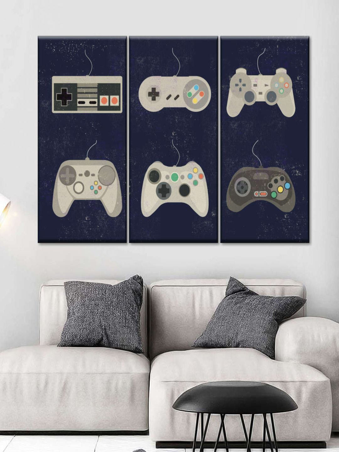 POSTERS AND TRUSS 3-Pcs Black & Beige Video Game Controller Evolution Framed Wall Painting