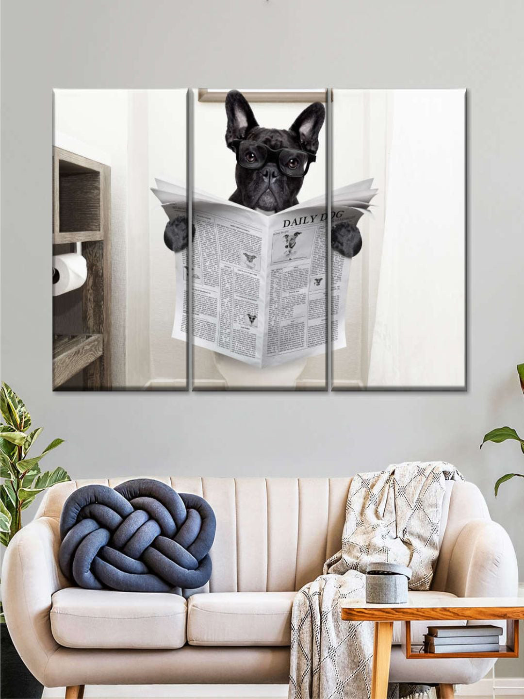 POSTERS AND TRUSS 3 Pcs Grey & Black Funny Bathroom French Bulldog Printed Framed Wall Art