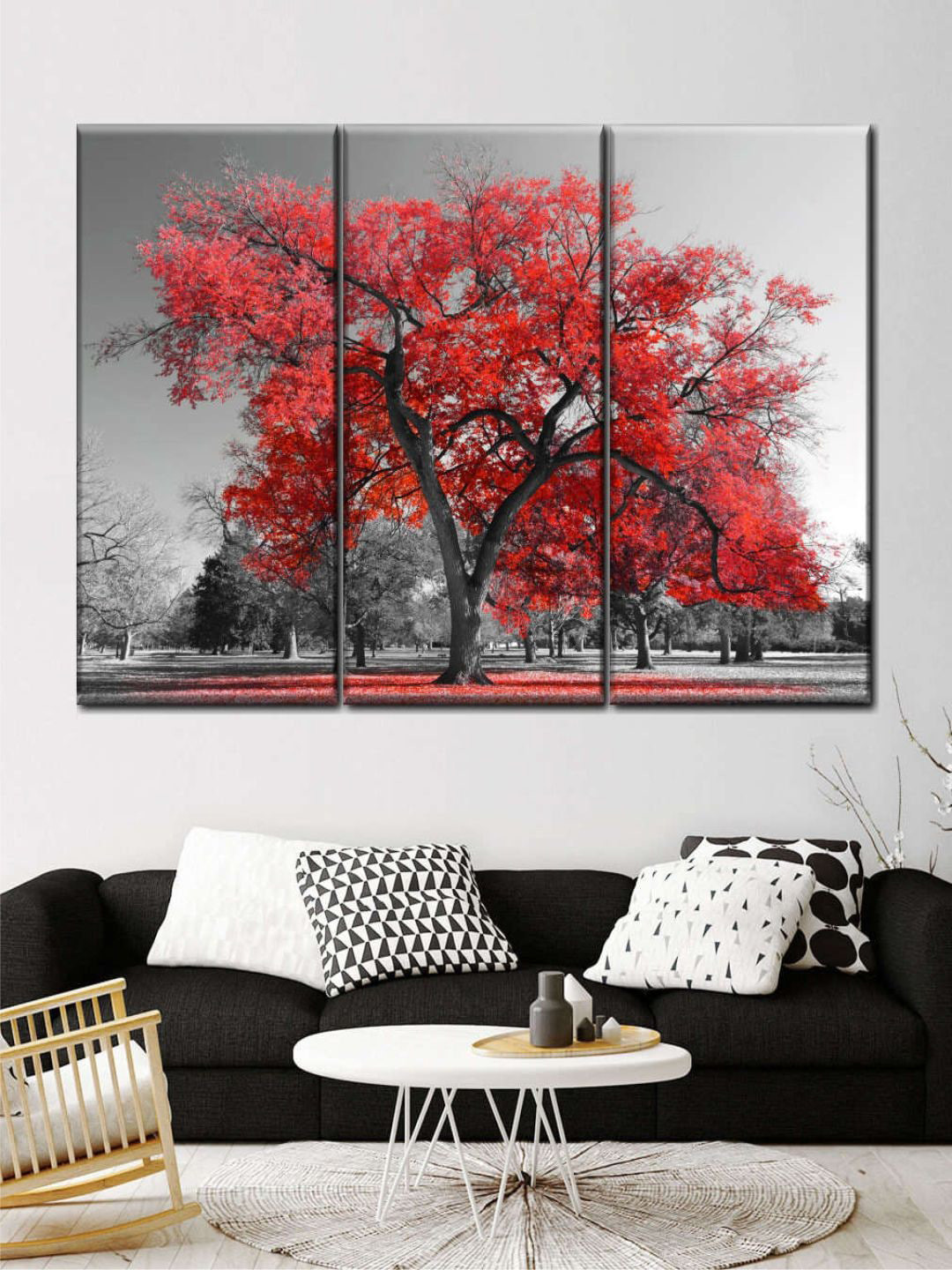 POSTERS AND TRUSS 3-Pcs Red & Grey Tree Painting Wall Art