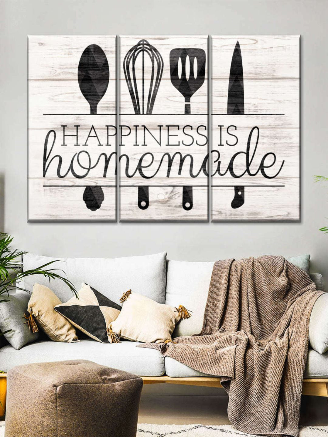 POSTERS AND TRUSS 3-Pcs Off- White & Black Happiness Is Homemade Kitchen Tools Printed Framed Wall Art